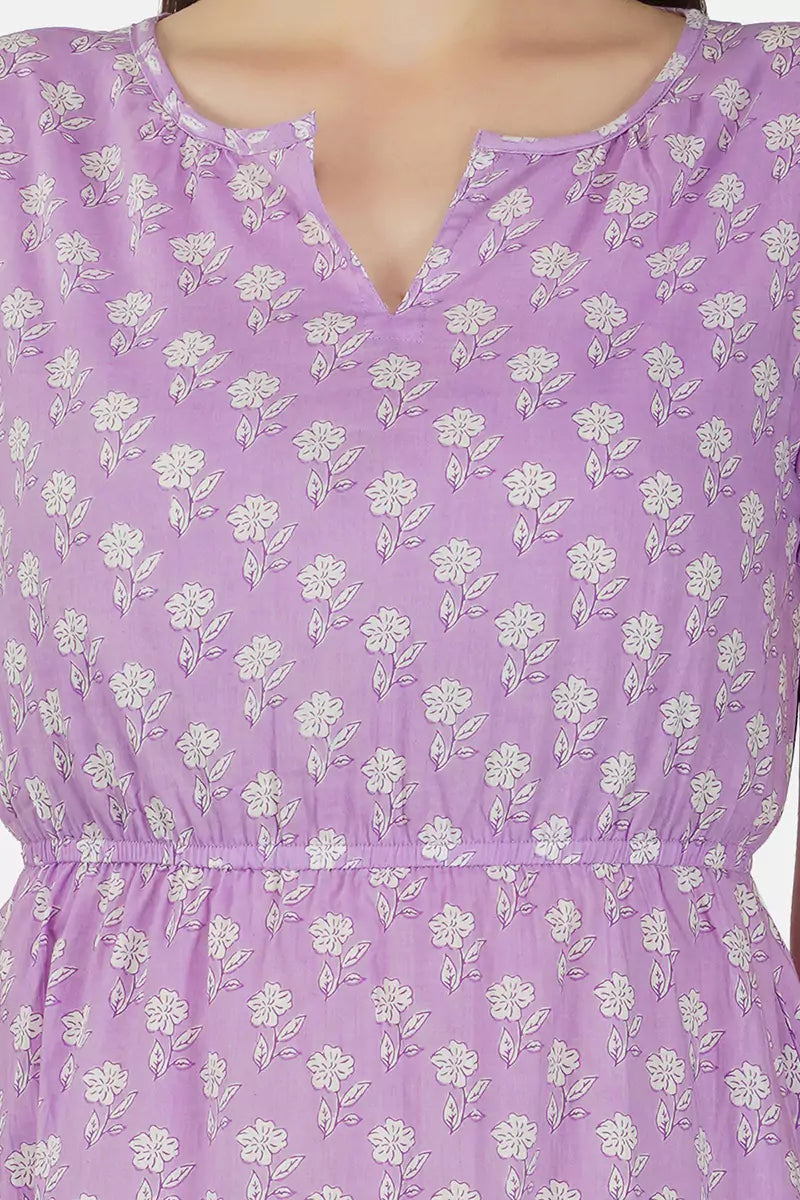 Purple Hand Block Printed Round Neck Tunic Dress With V- Slit