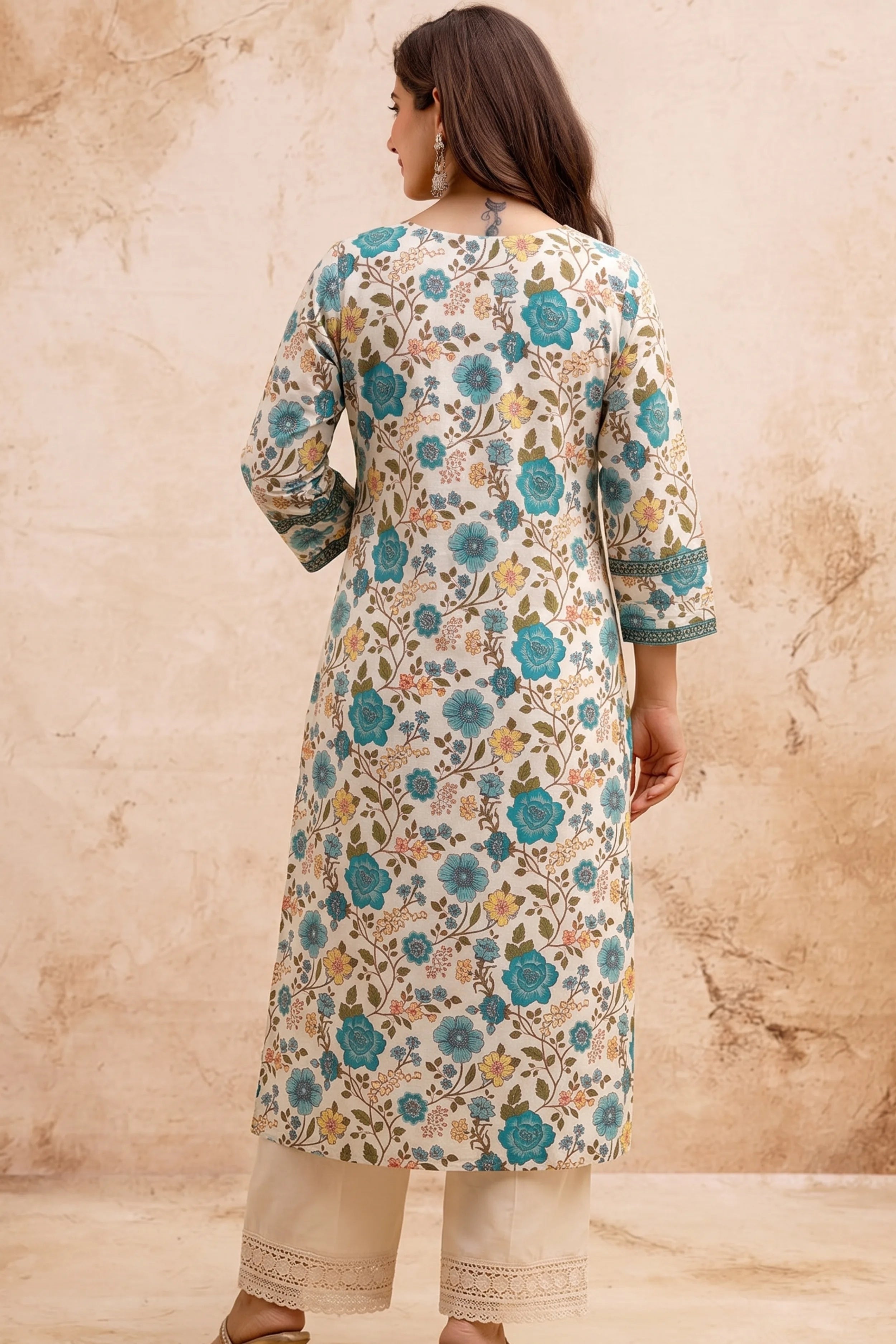 Green Floral V-Neck Hand Printed Straight Kurta
