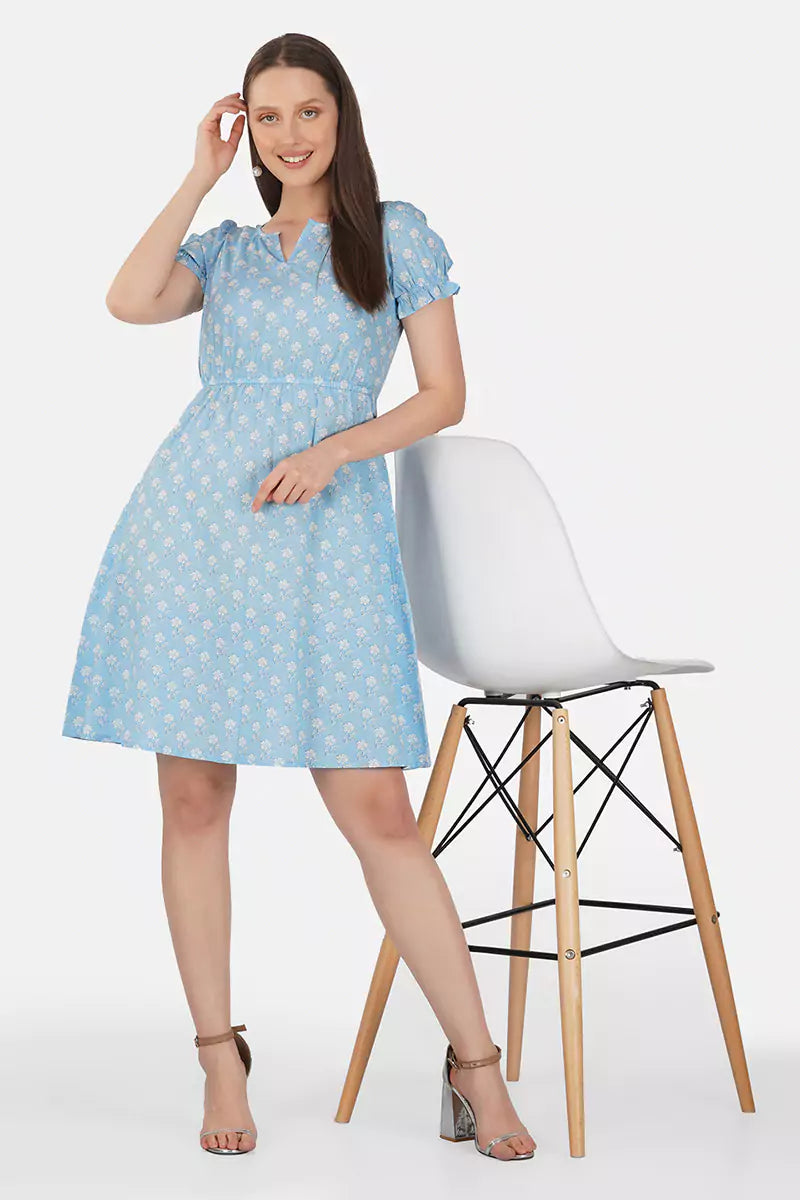 Sky Blue Hand Block Printed Round Neck Tunic Dress With V- Slit