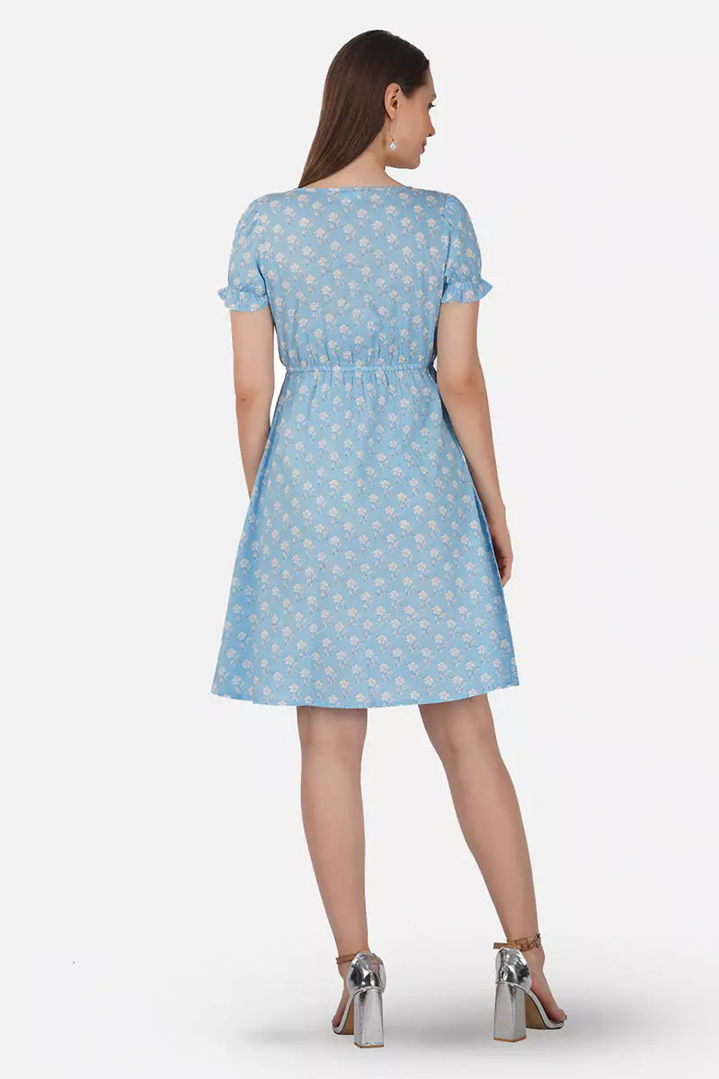 Sky Blue Hand Block Printed Round Neck Tunic Dress With V- Slit