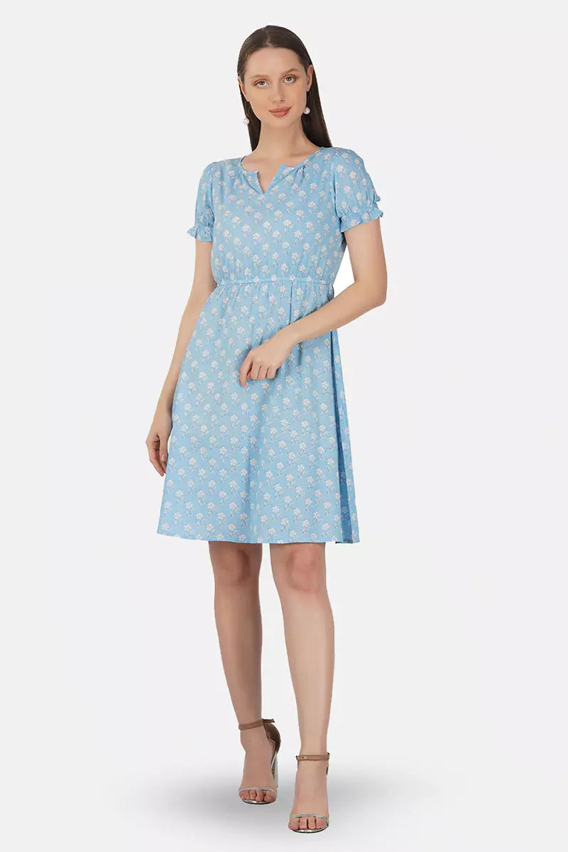 Sky Blue Hand Block Printed Round Neck Tunic Dress With V- Slit