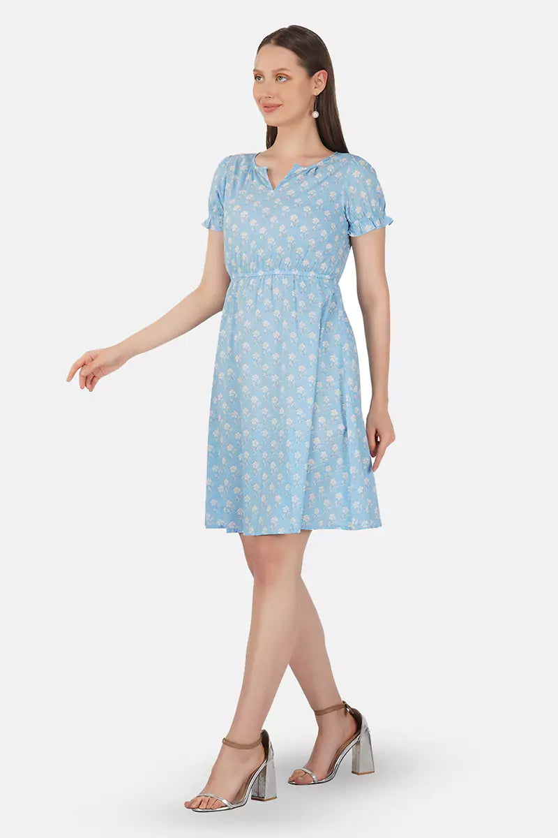Sky Blue Hand Block Printed Round Neck Tunic Dress With V- Slit