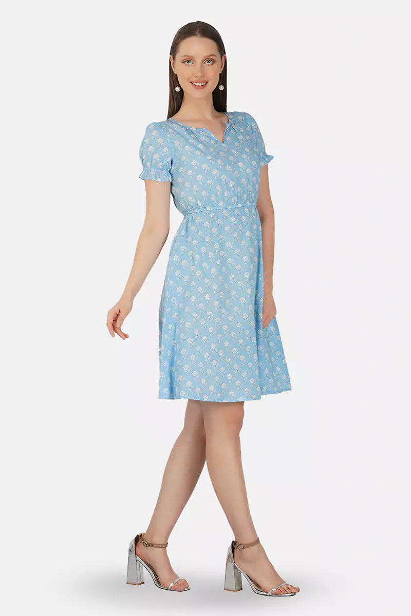 Sky Blue Hand Block Printed Round Neck Tunic Dress With V- Slit