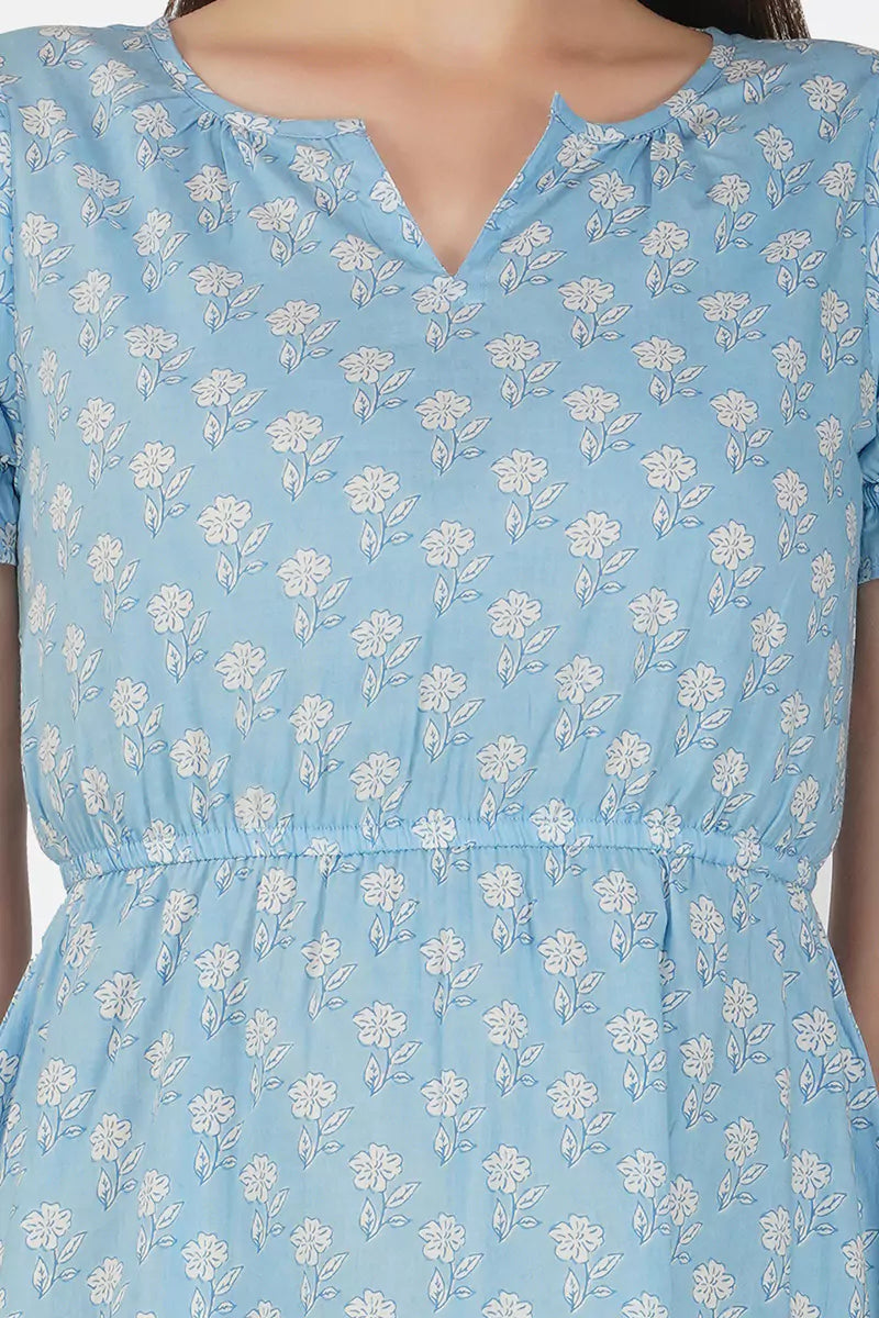 Sky Blue Hand Block Printed Round Neck Tunic Dress With V- Slit