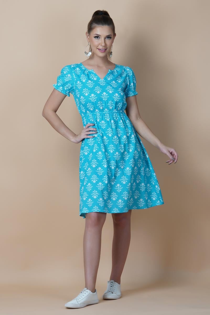 Blue Hand Block Printed Round Neck Tunic Dress With V- Slit