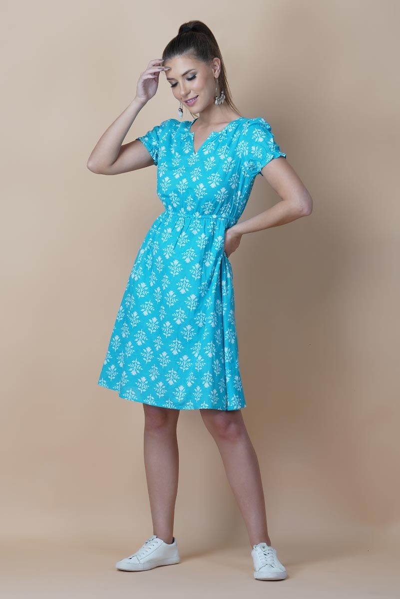 Blue Hand Block Printed Round Neck Tunic Dress With V- Slit
