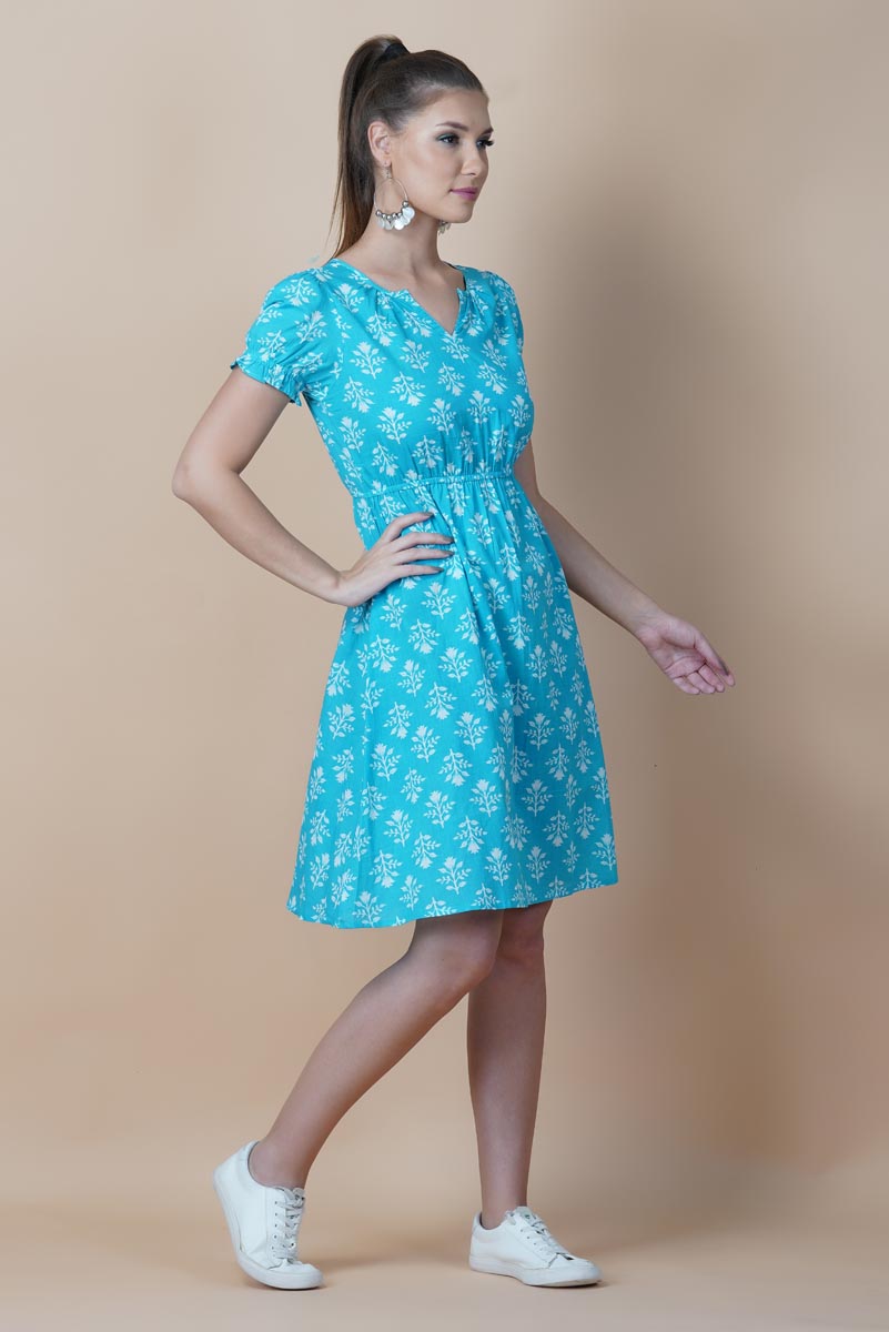 Blue Hand Block Printed Round Neck Tunic Dress With V- Slit
