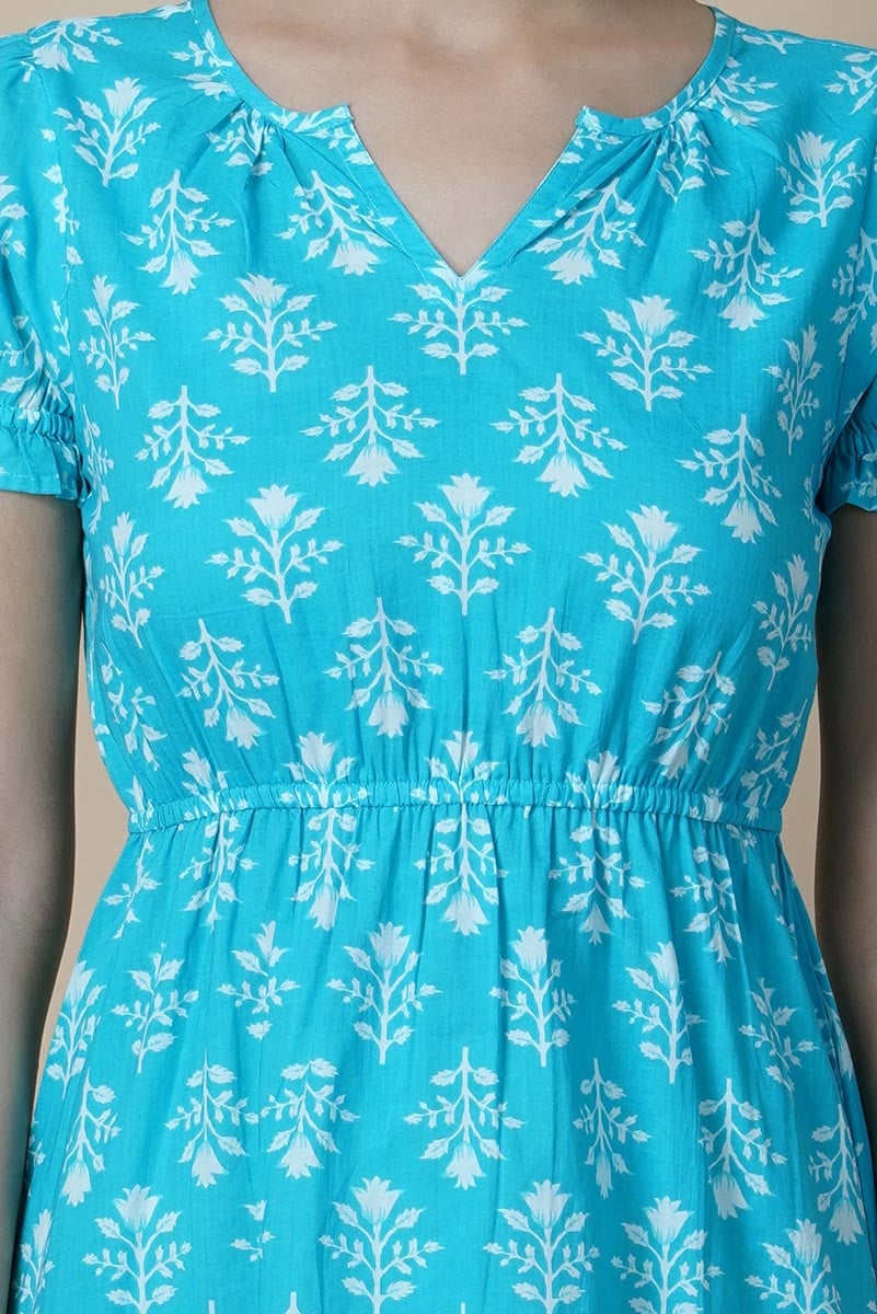 Blue Hand Block Printed Round Neck Tunic Dress With V- Slit