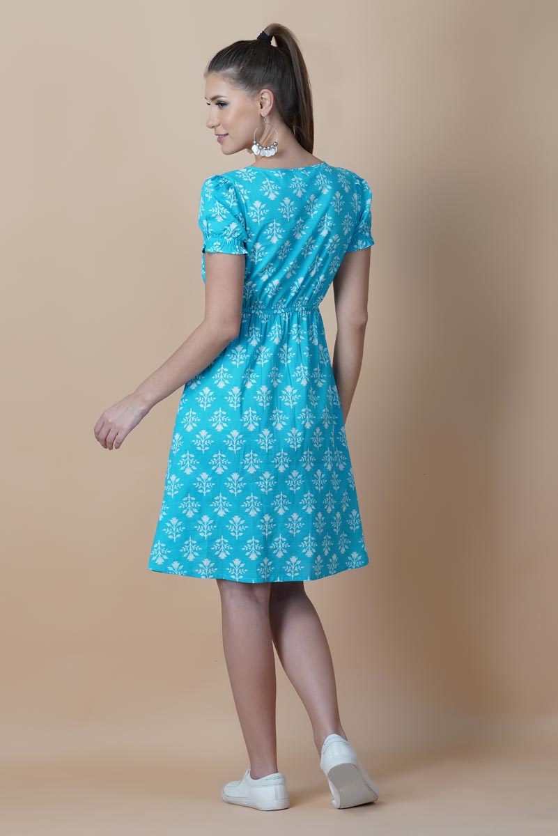 Blue Hand Block Printed Round Neck Tunic Dress With V- Slit