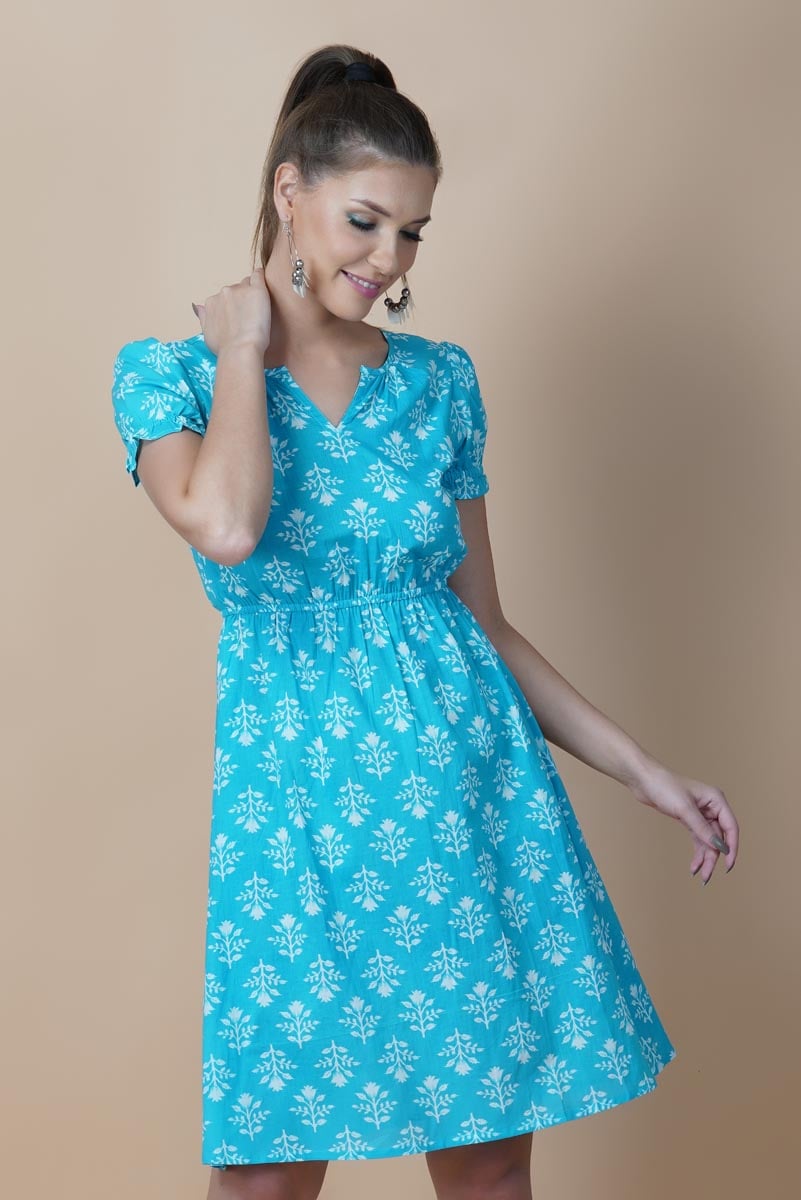 Blue Hand Block Printed Round Neck Tunic Dress With V- Slit