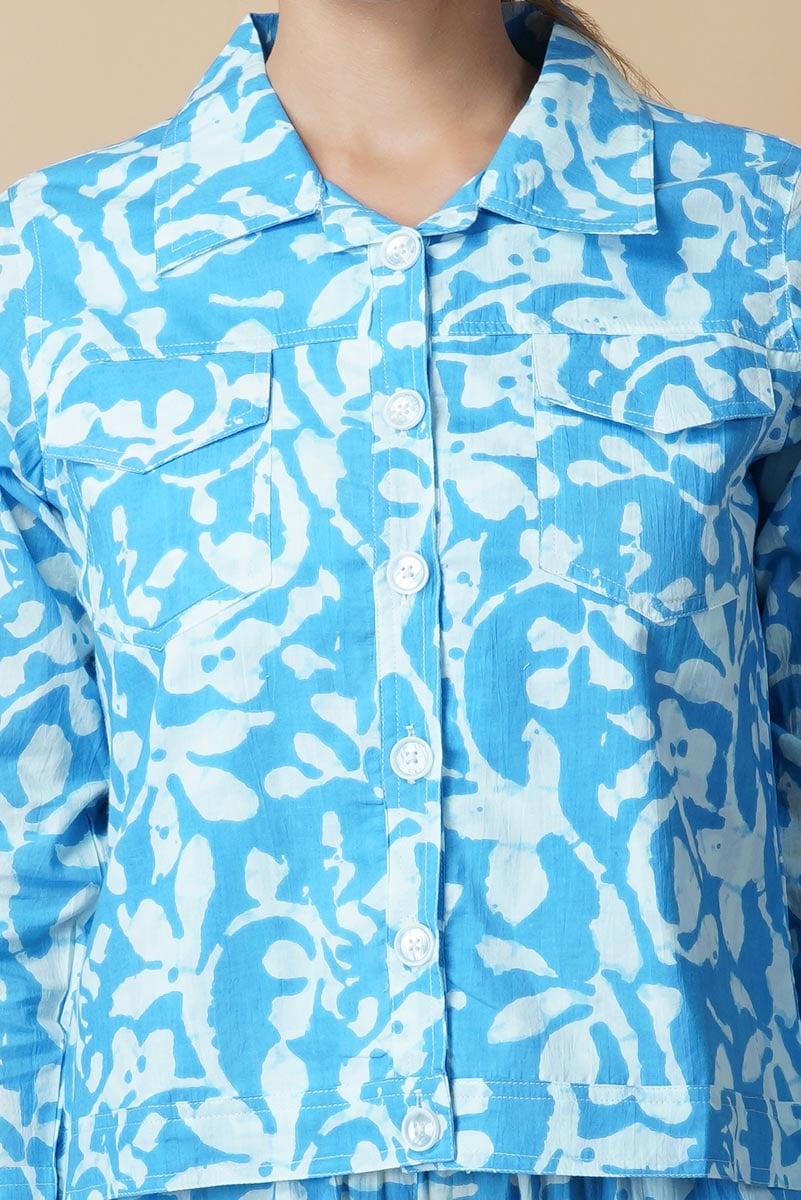 Sky Blue Hand Printed Jacket Set With Inner & Trouser