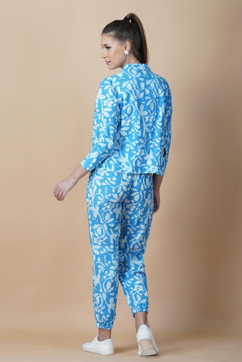 Sky Blue Hand Printed Jacket Set With Inner & Trouser