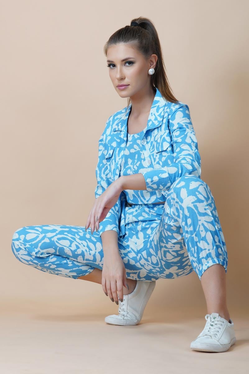 Sky Blue Hand Printed Jacket Set With Inner & Trouser