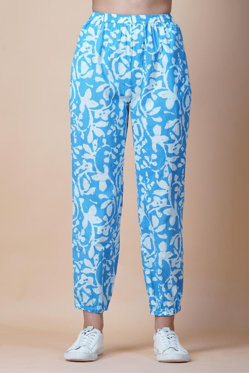 Sky Blue Hand Printed Jacket Set With Inner & Trouser