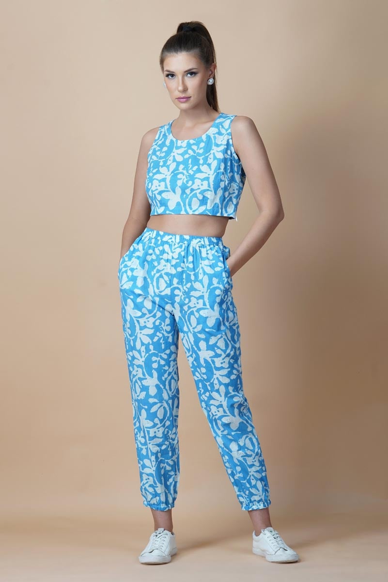 Sky Blue Hand Printed Jacket Set With Inner & Trouser