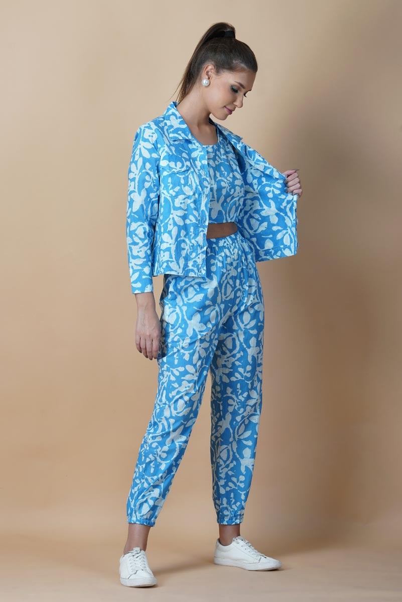 Sky Blue Hand Printed Jacket Set With Inner & Trouser