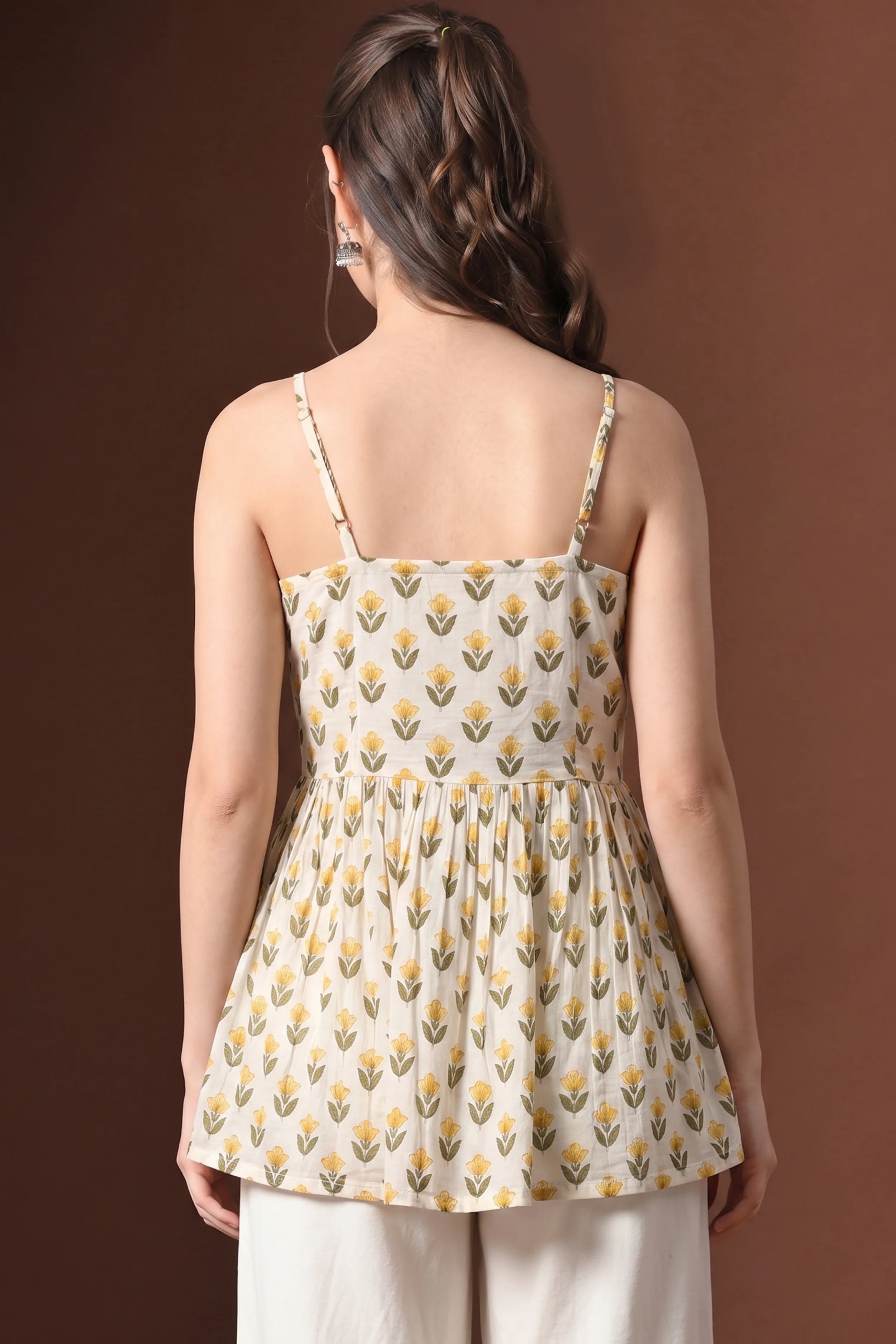 Yellow Floral Hand Printed Cotton Spaghetti Top with Lining