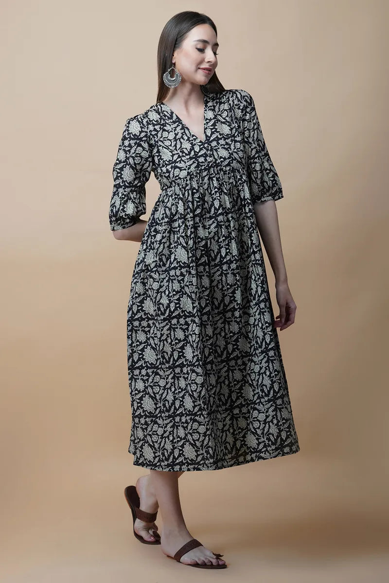 Black Block Printed V-Neck Dress With Flared Hem & Pleated Sleeves