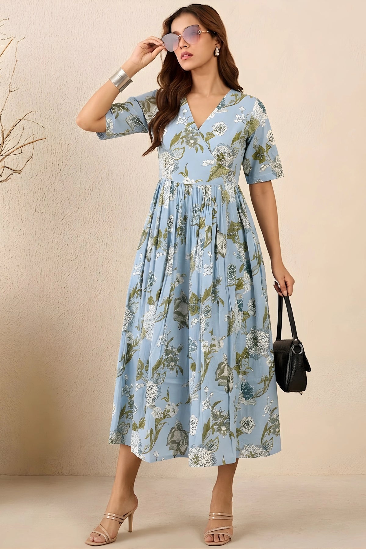 Blue Hand Printed V-Neck Midi Dress In Angrakha style