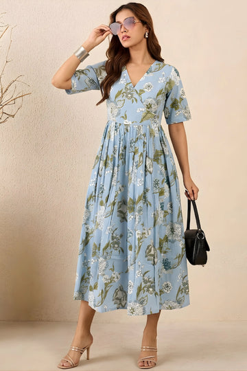 Blue Hand Printed V-Neck Midi Dress In Angrakha style