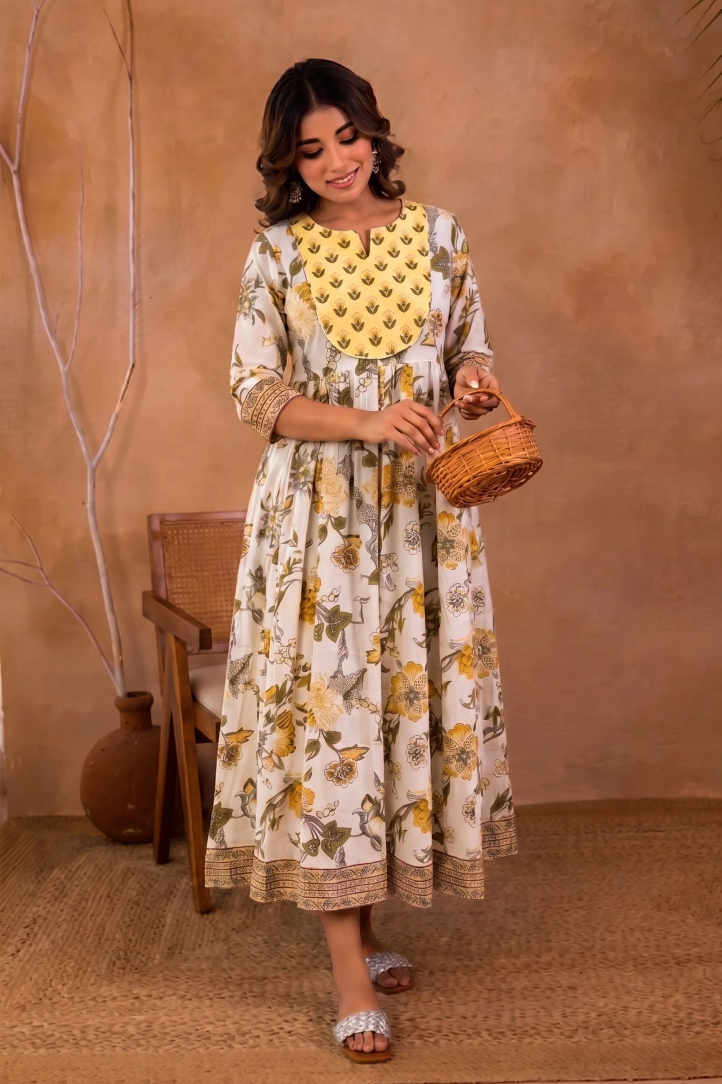Yellow Hand Printed Anarkali Kurta