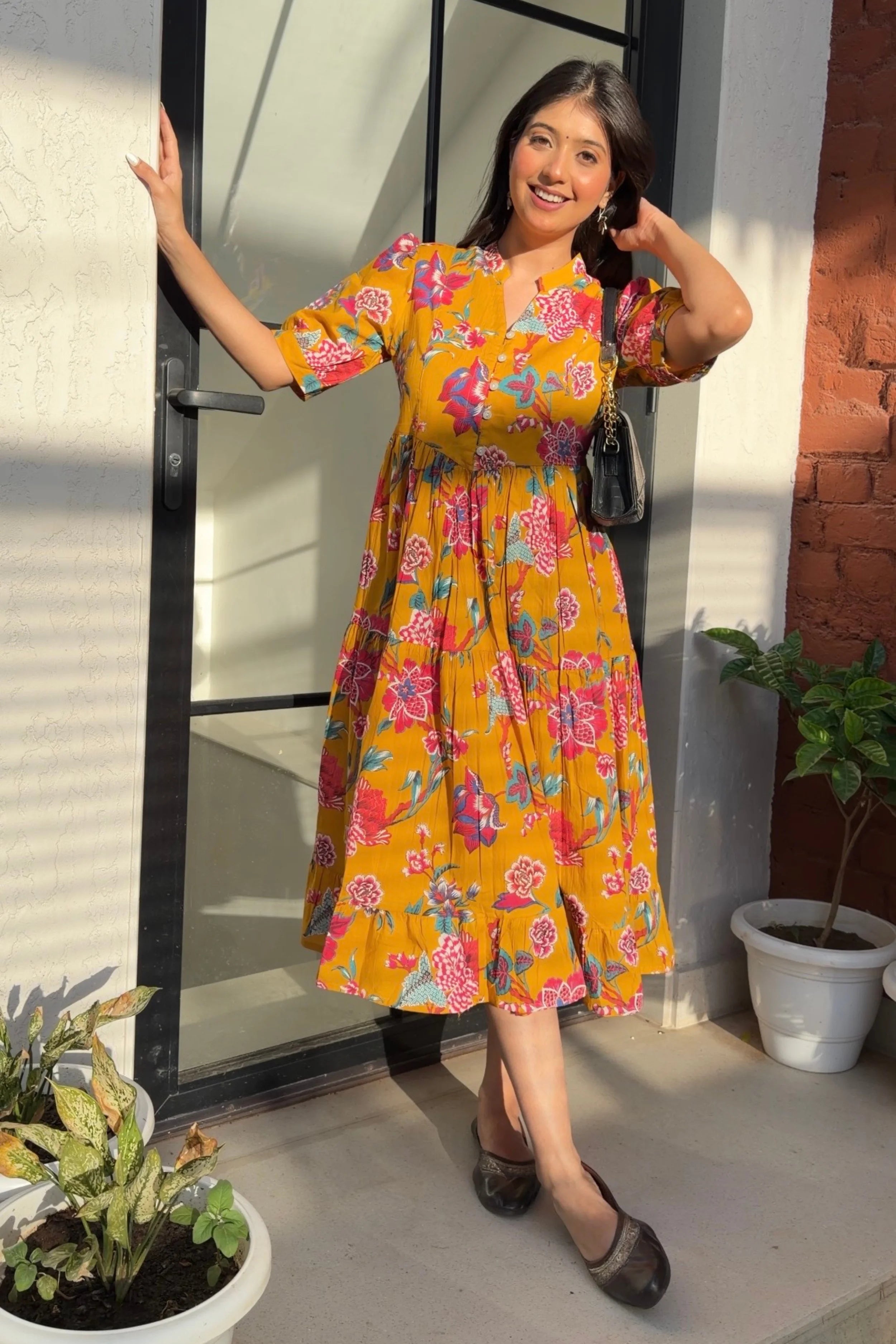 Mustard Floral Printed Tiered Fit & Flare Cinderella Dress