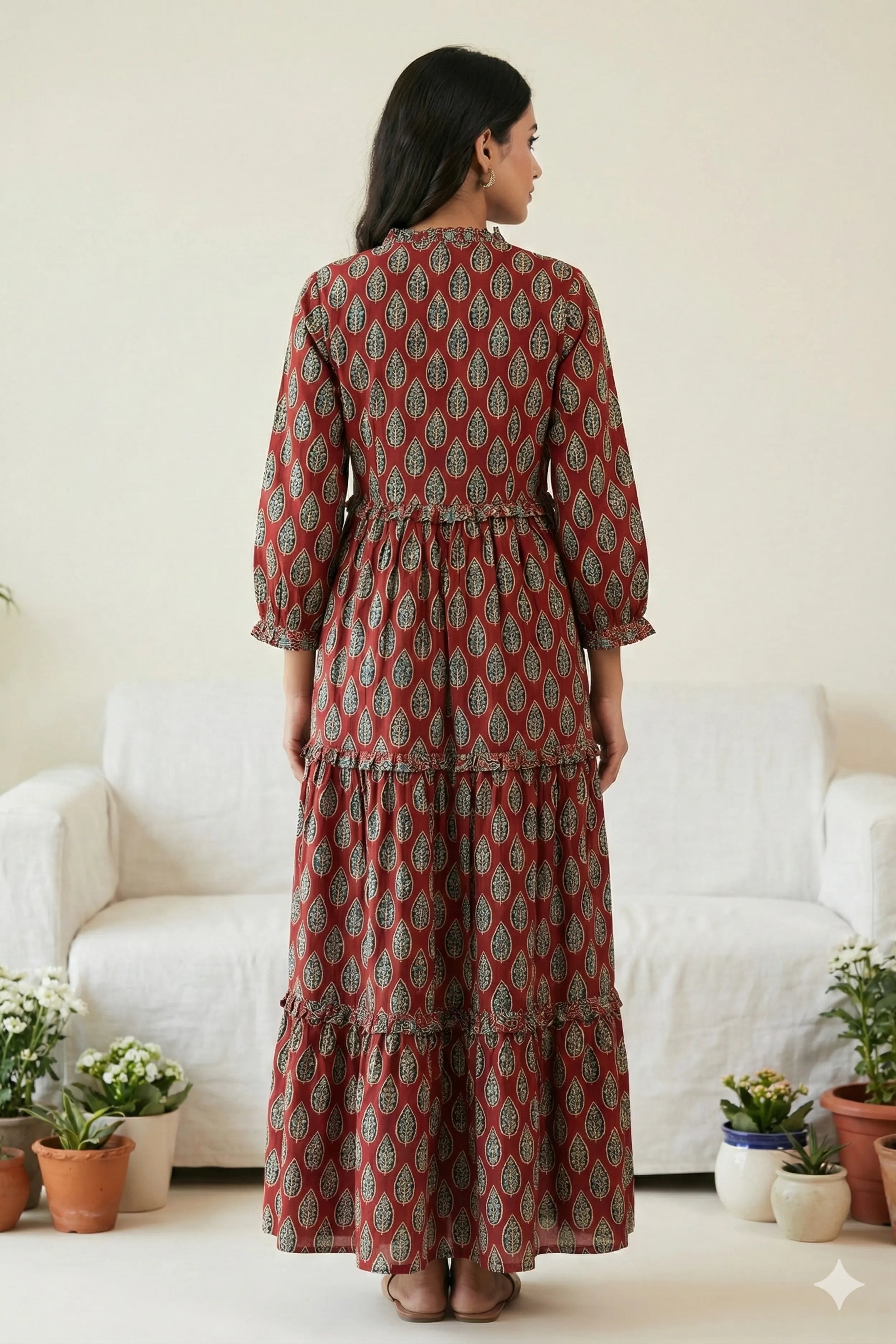 Red Hand Printed Tiered Maxi Dress