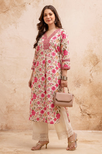 Pink Floral V-Neck Hand Printed Straight Kurta