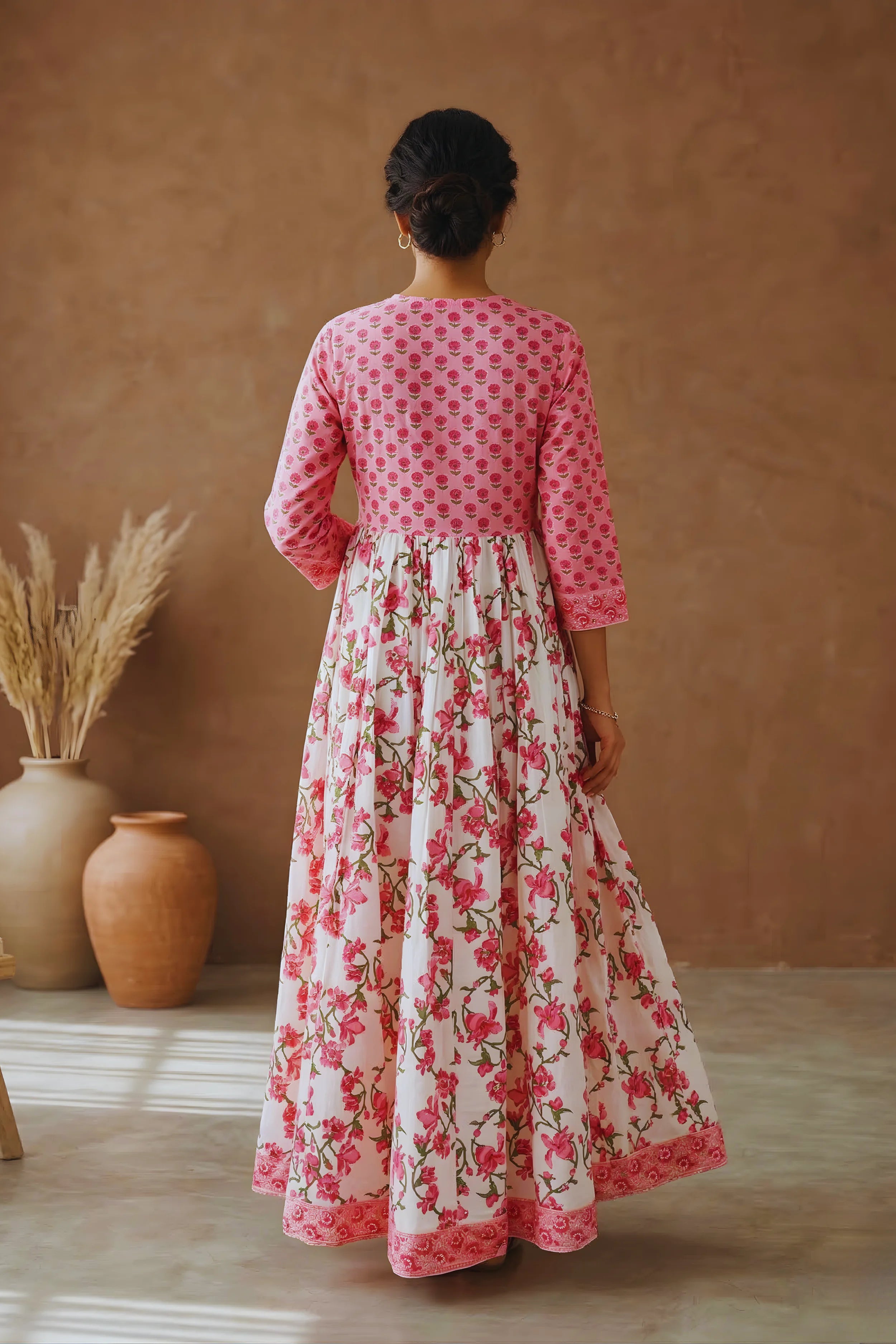 Baby Pink Hand Block Floral Printed Anarkali Maxi Kurta