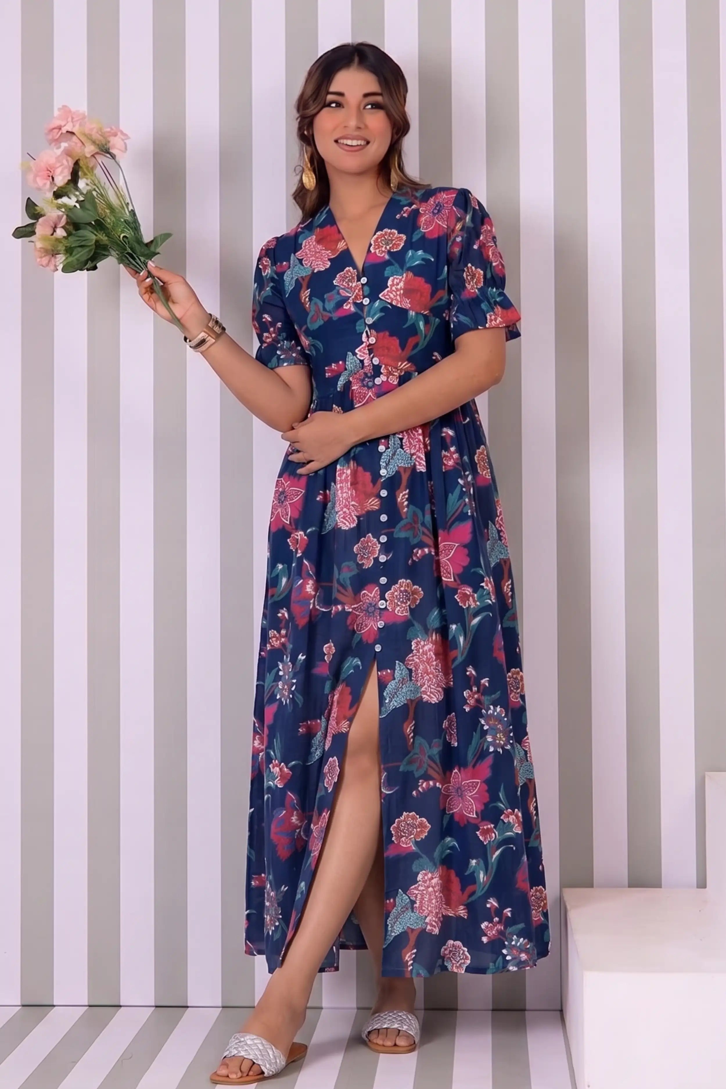 Blue Hand Printed V-Neck Front-Open Long Dress