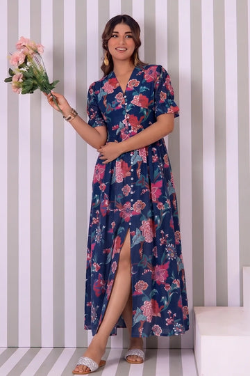 Blue Hand Printed V-Neck Front-Open Long Dress