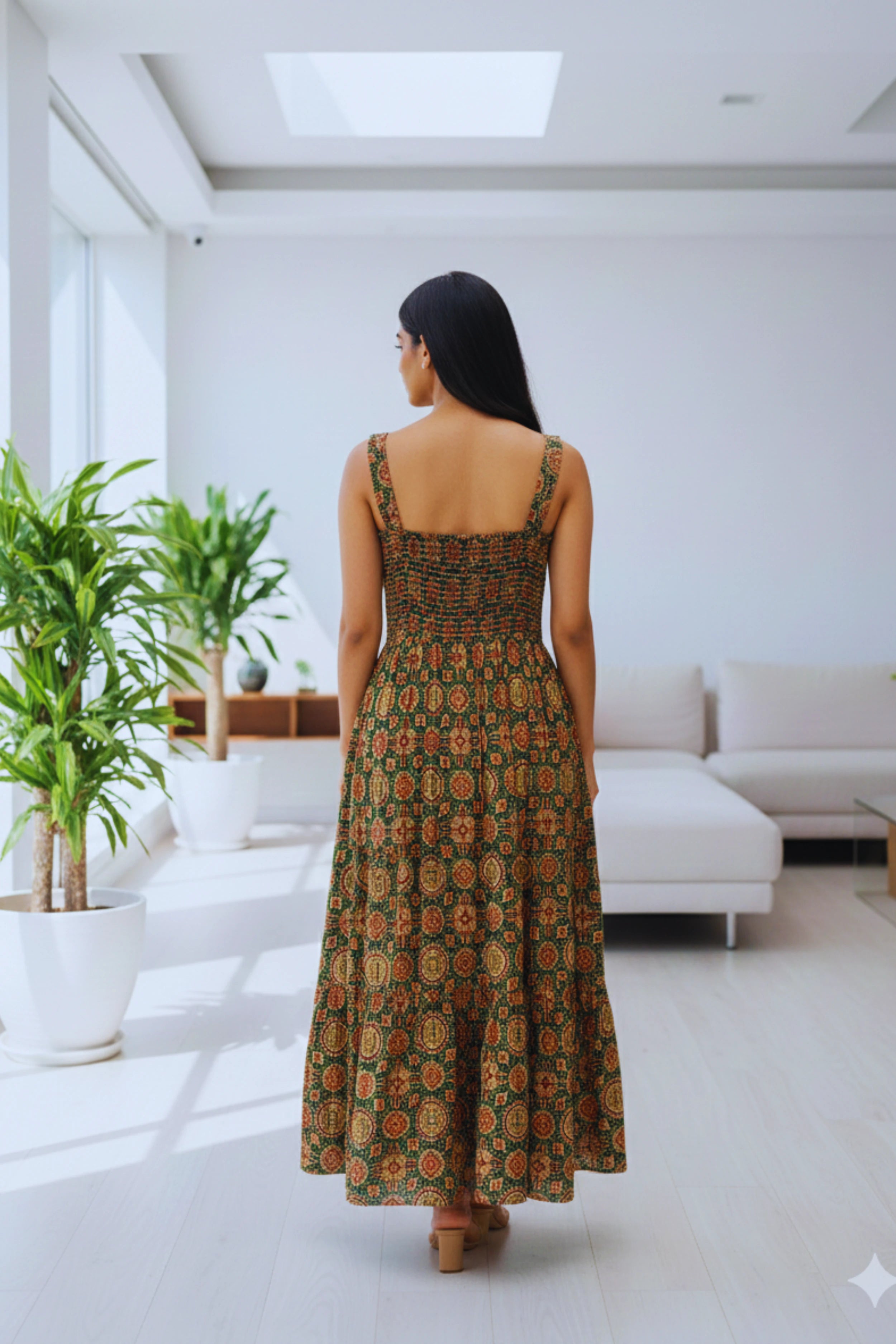 Bottle Green Ajrak Printed Sleeveless Cotton Maxi Dress