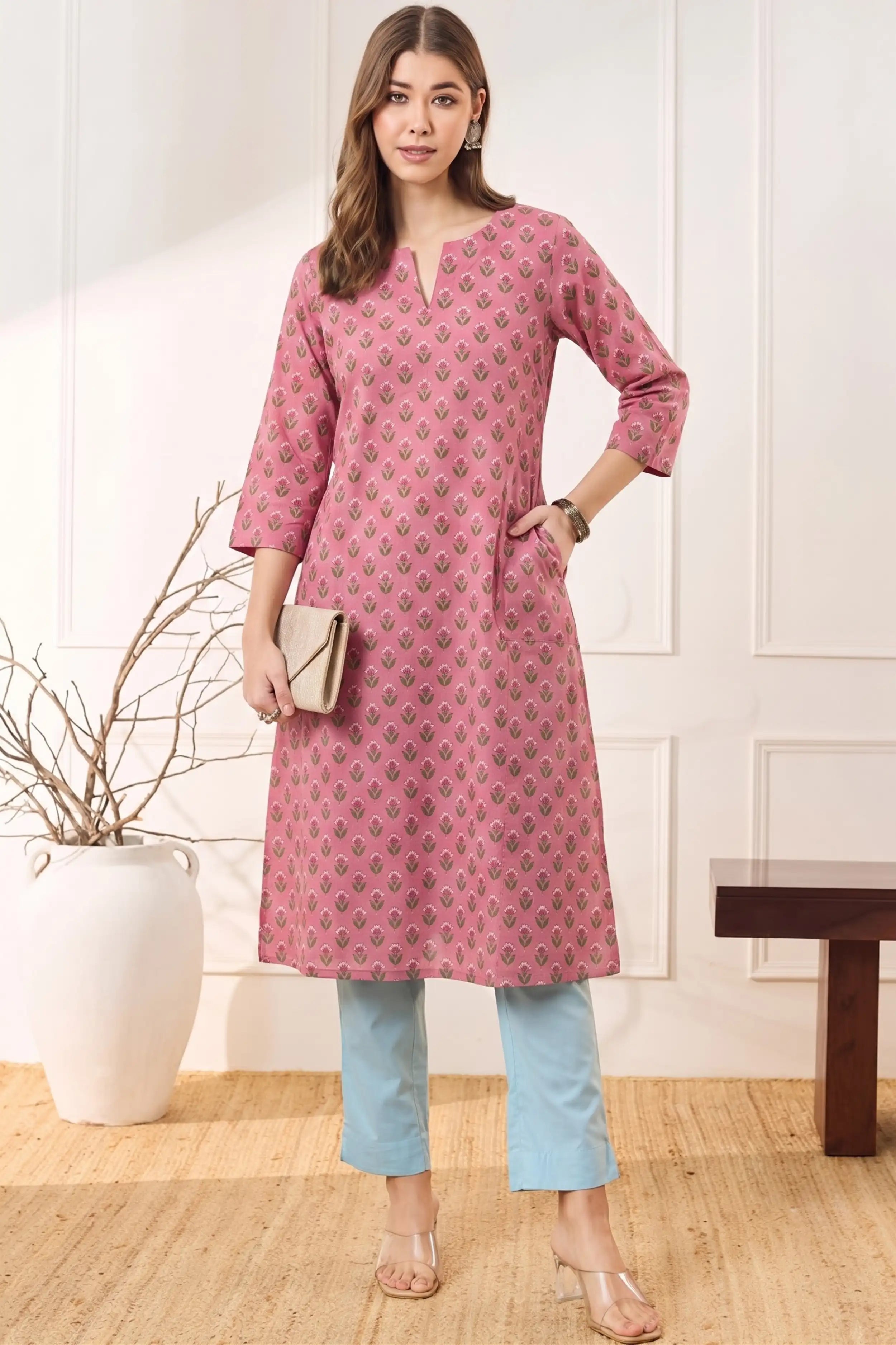 Pink A line kurta With Pocket
