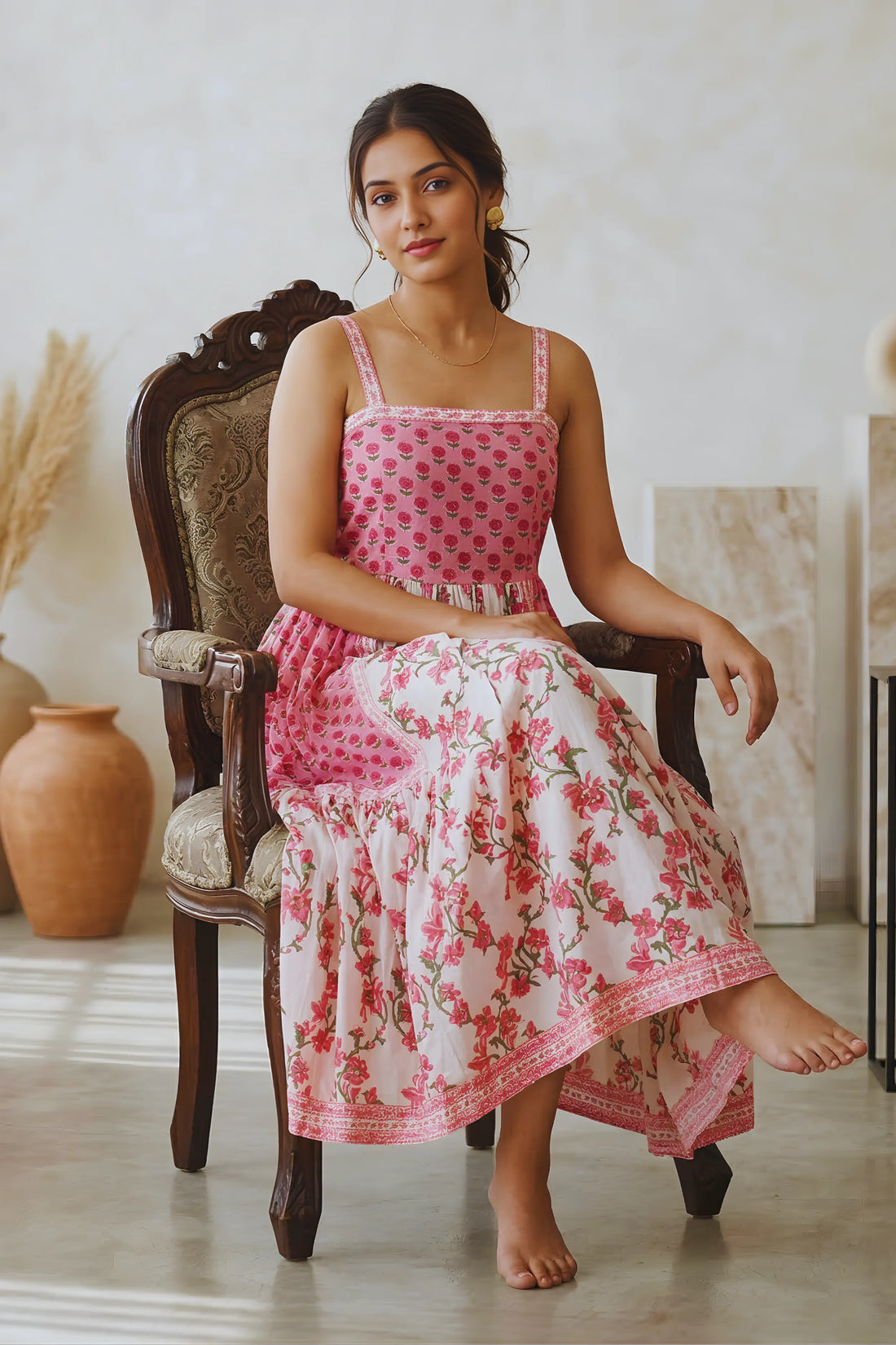 Blush Pink Hand Block Floral Printed Sleeveless Tiered Midi Dress