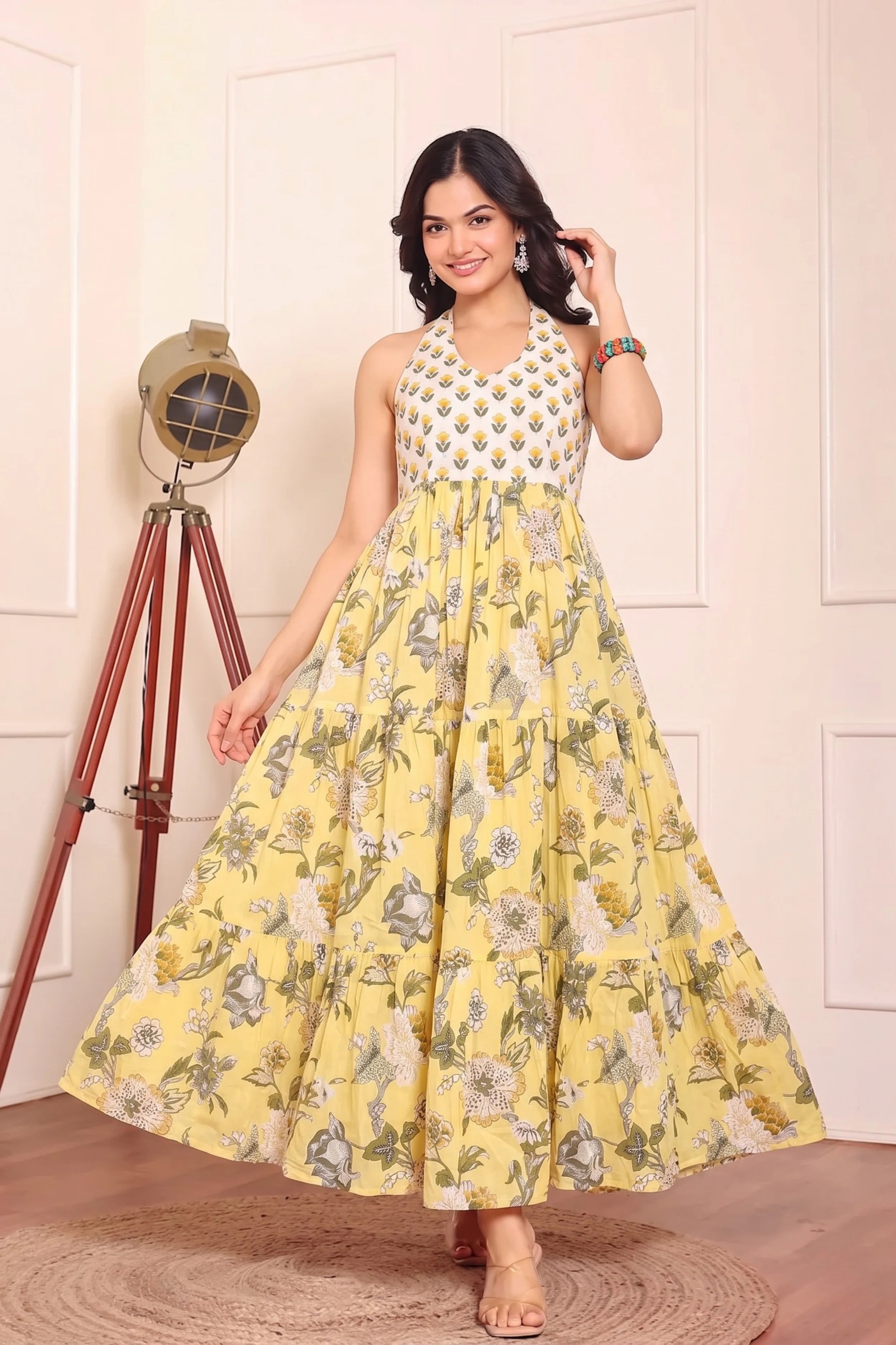 Yellow Floral Hand Printed Halter Maxi Dress