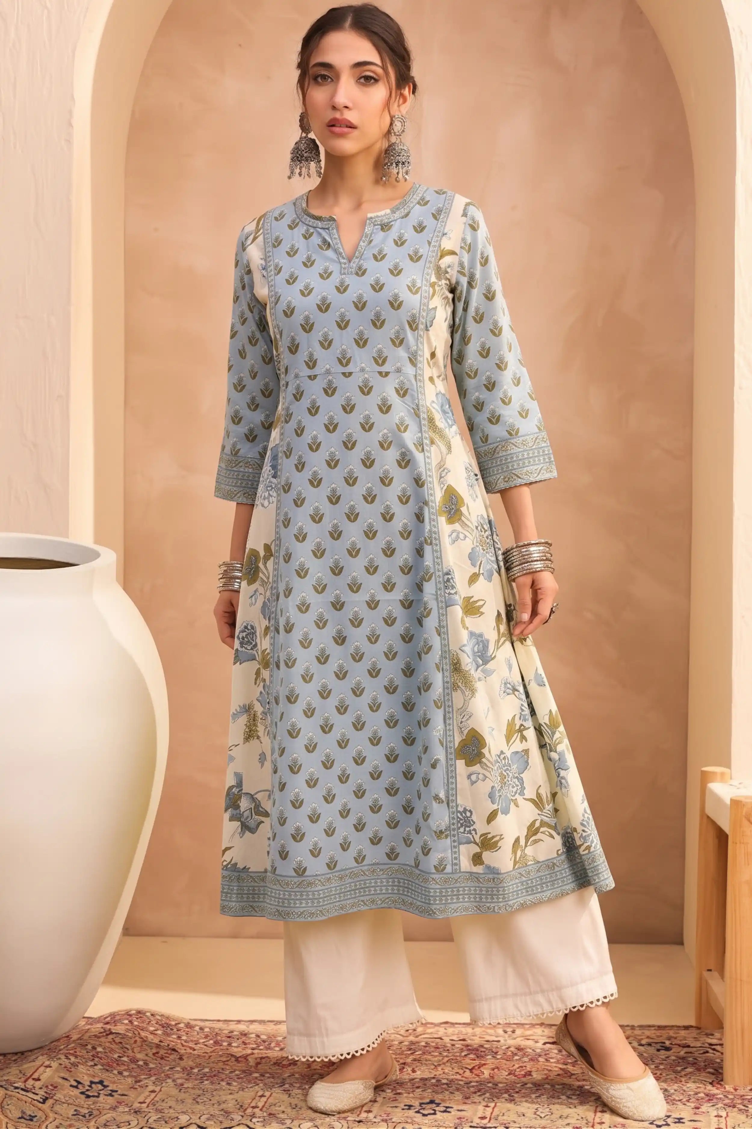Sky Blue Hand Printed A-line Kurta