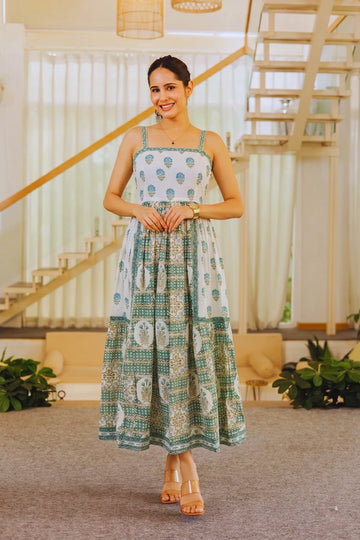 Light Green Hand Block Floral Printed Sleeveless Tiered Midi Dress