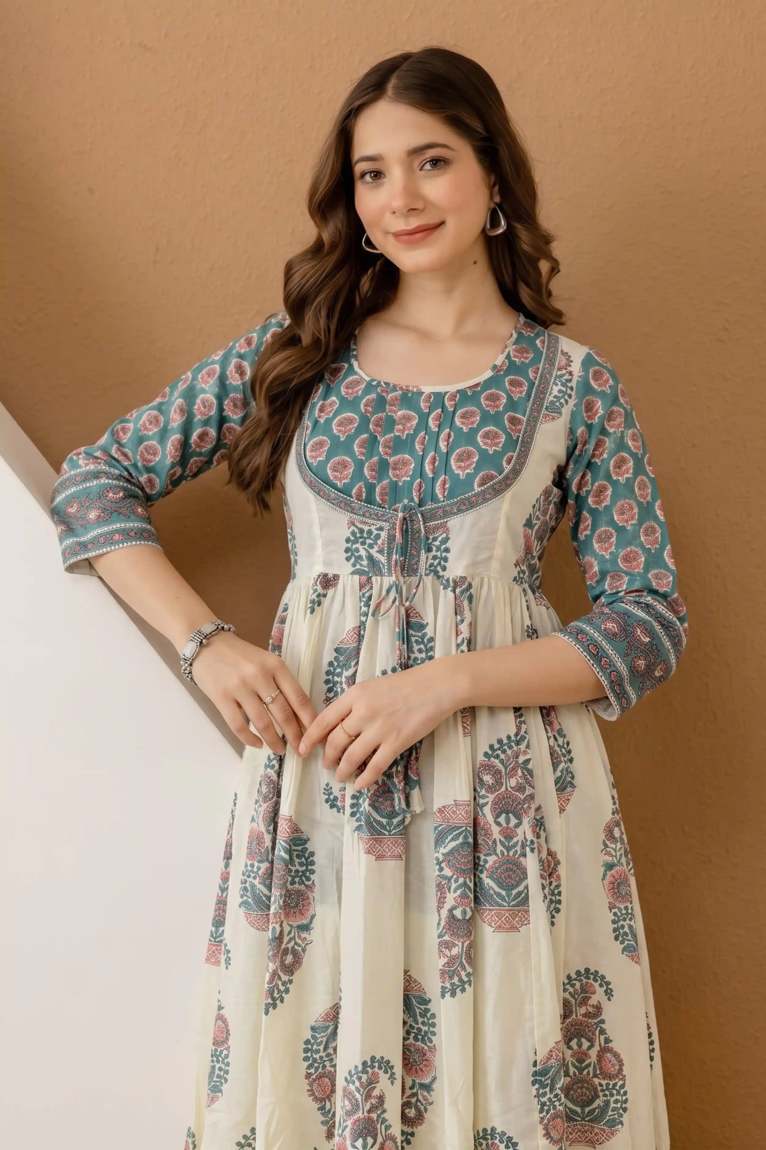 Sea Green Hand Block Floral Printed Anarkali Maxi Dress