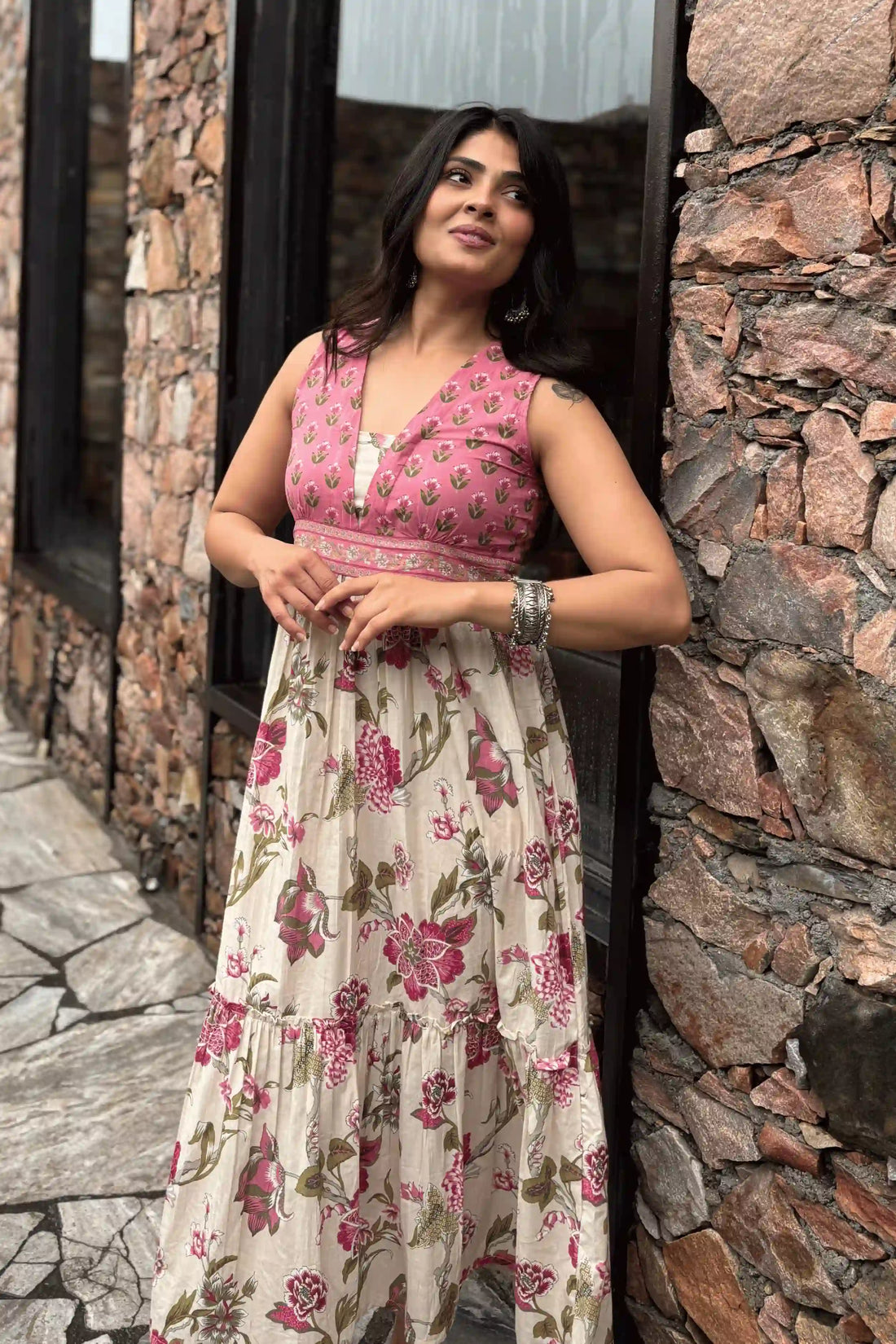 Light Pink Floral Hand Printed Cotton Sleeveless Dress