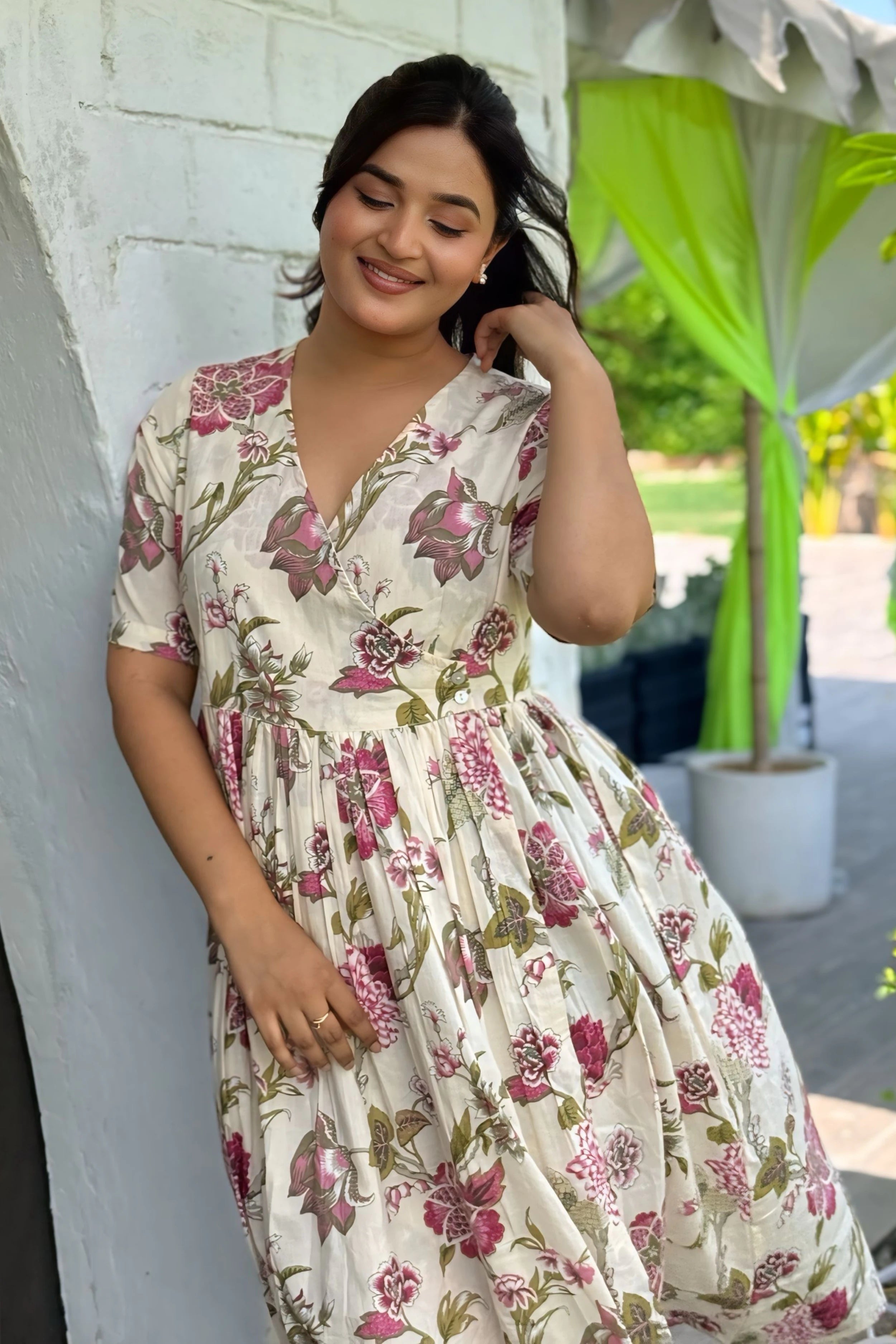 Pink Hand Printed V-Neck Midi Dress In Angrakha style