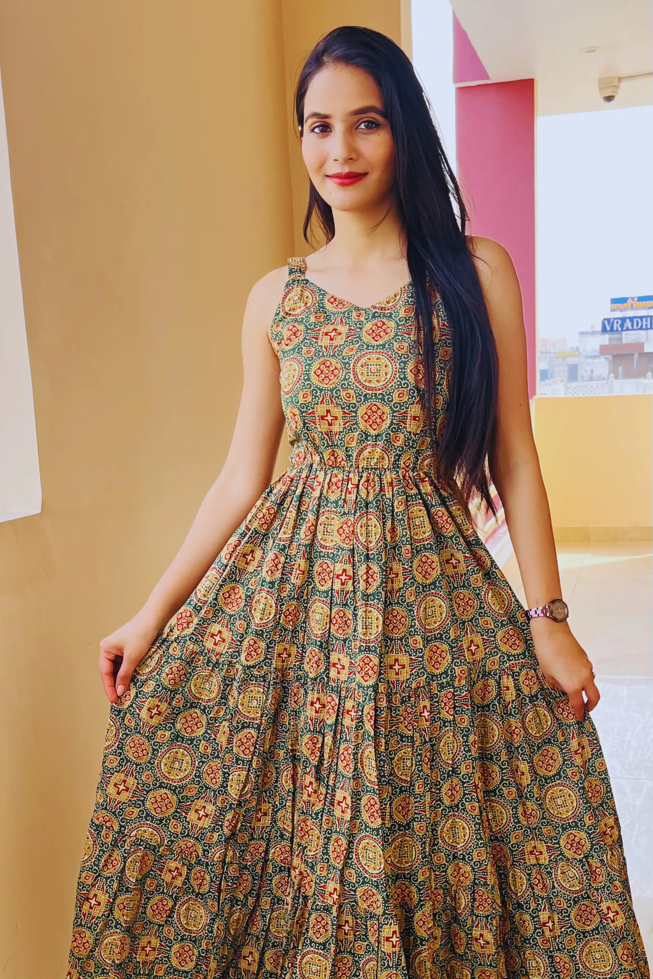 Bottle Green Ajrak Printed Sleeveless Cotton Maxi Dress