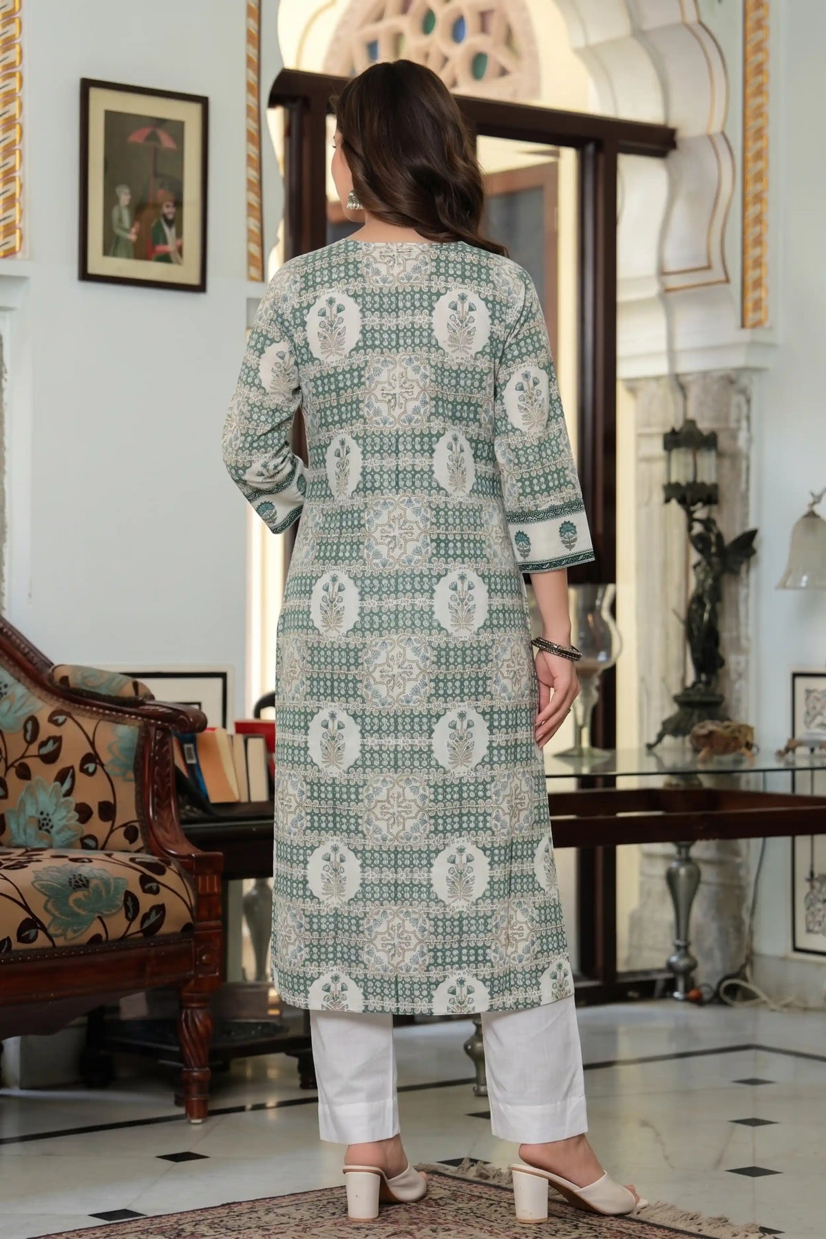 Green Hand Printed Straight cotton Kurta