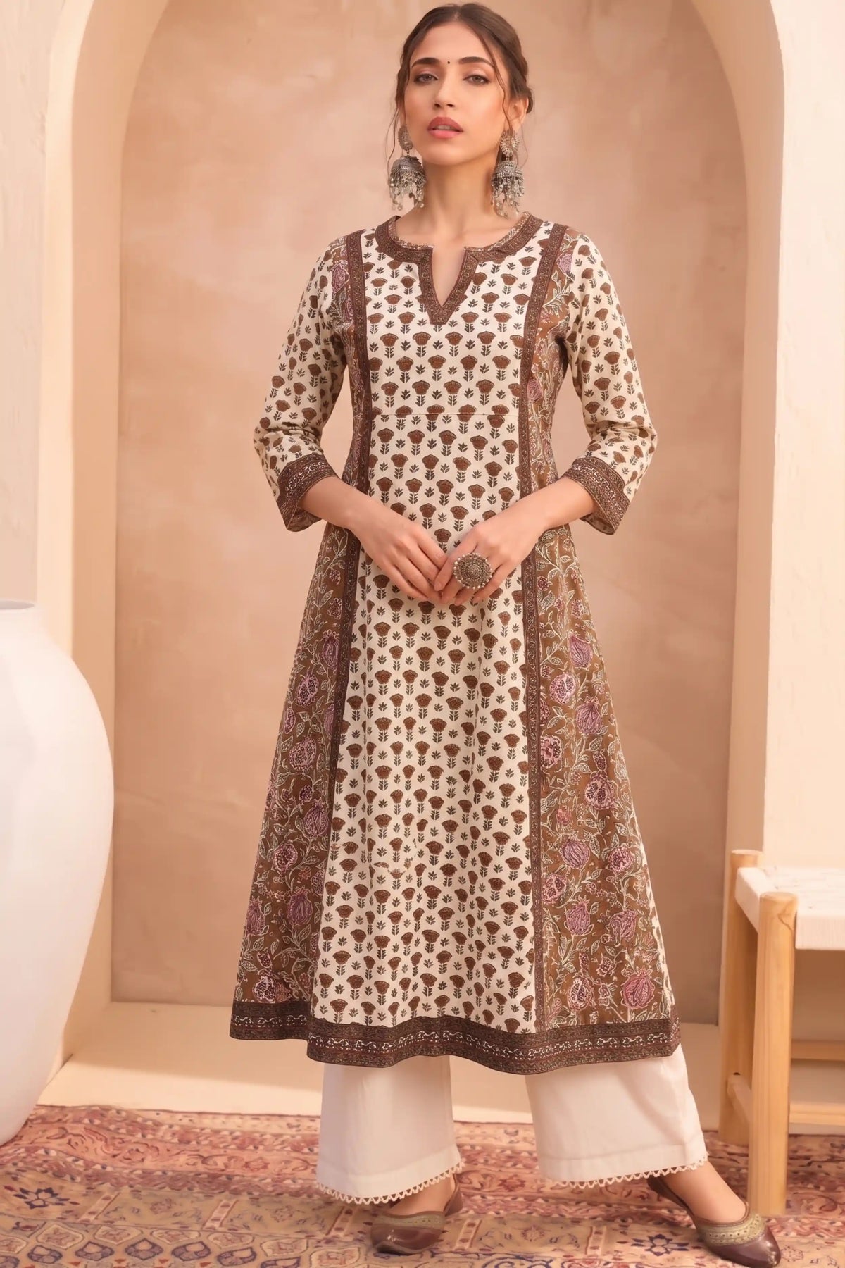 Mocha Brown Printed Winter Special Cotton Flex A-Line Kurta