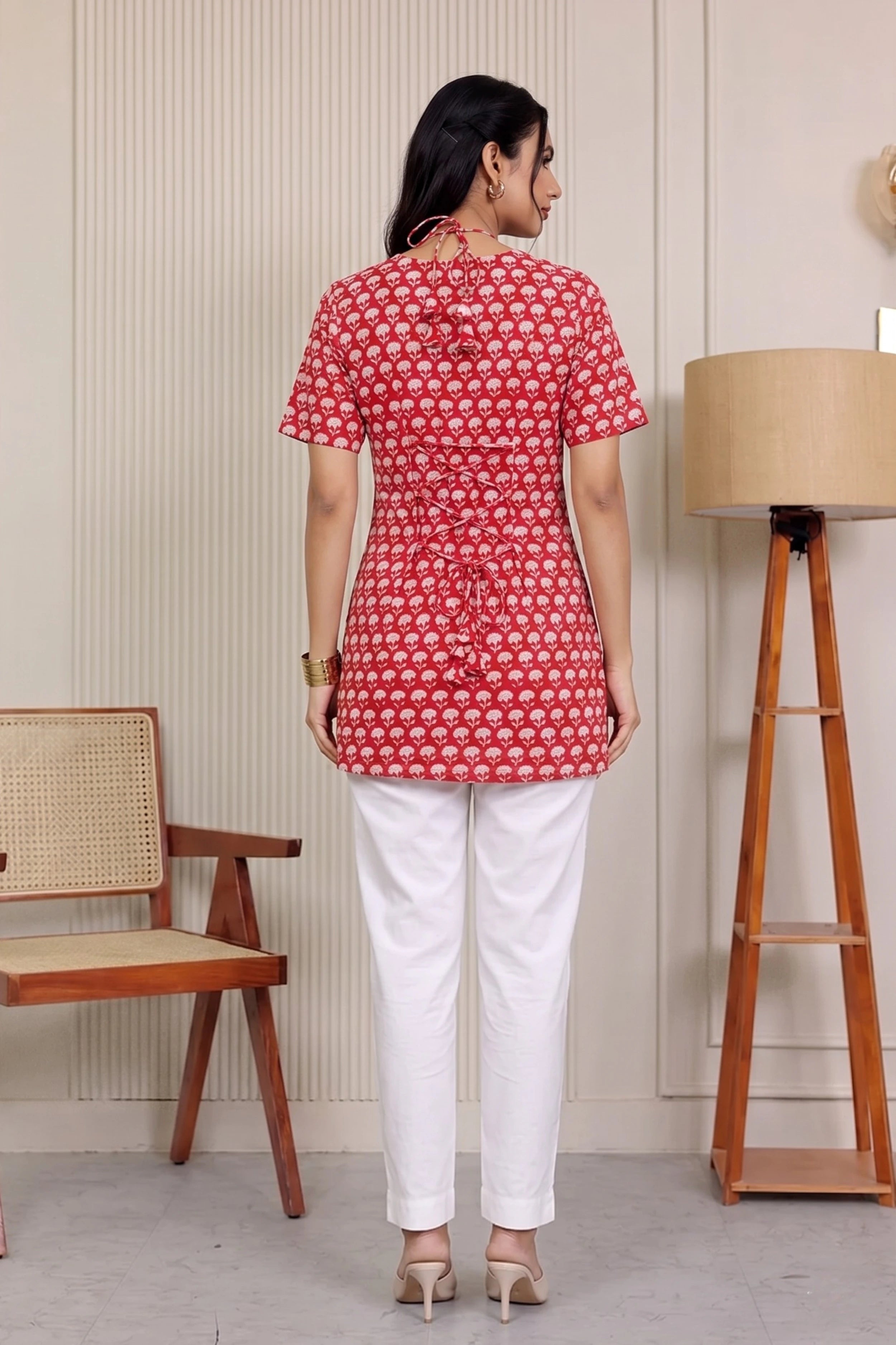 Red Hand Block Printed Cotton Top with Round Neck & Adjustable Back Corset Detail