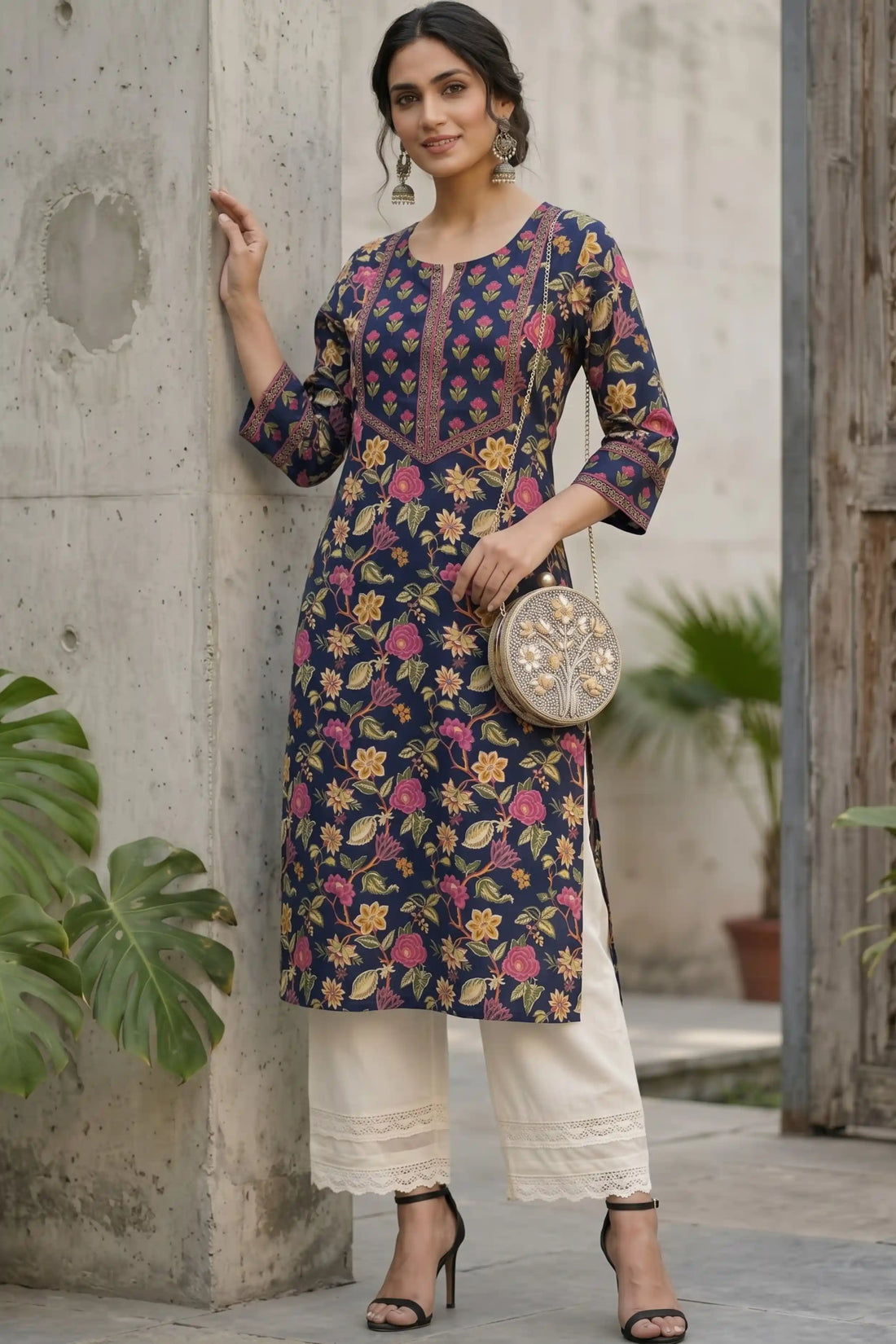 Navy Hand Printed Straight cotton Kurta