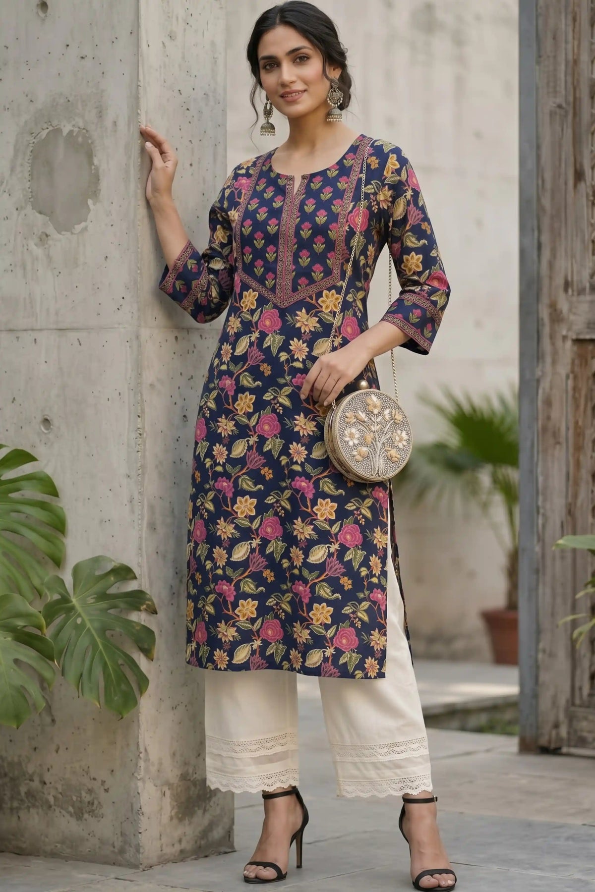 Navy Hand Printed Straight cotton Kurta
