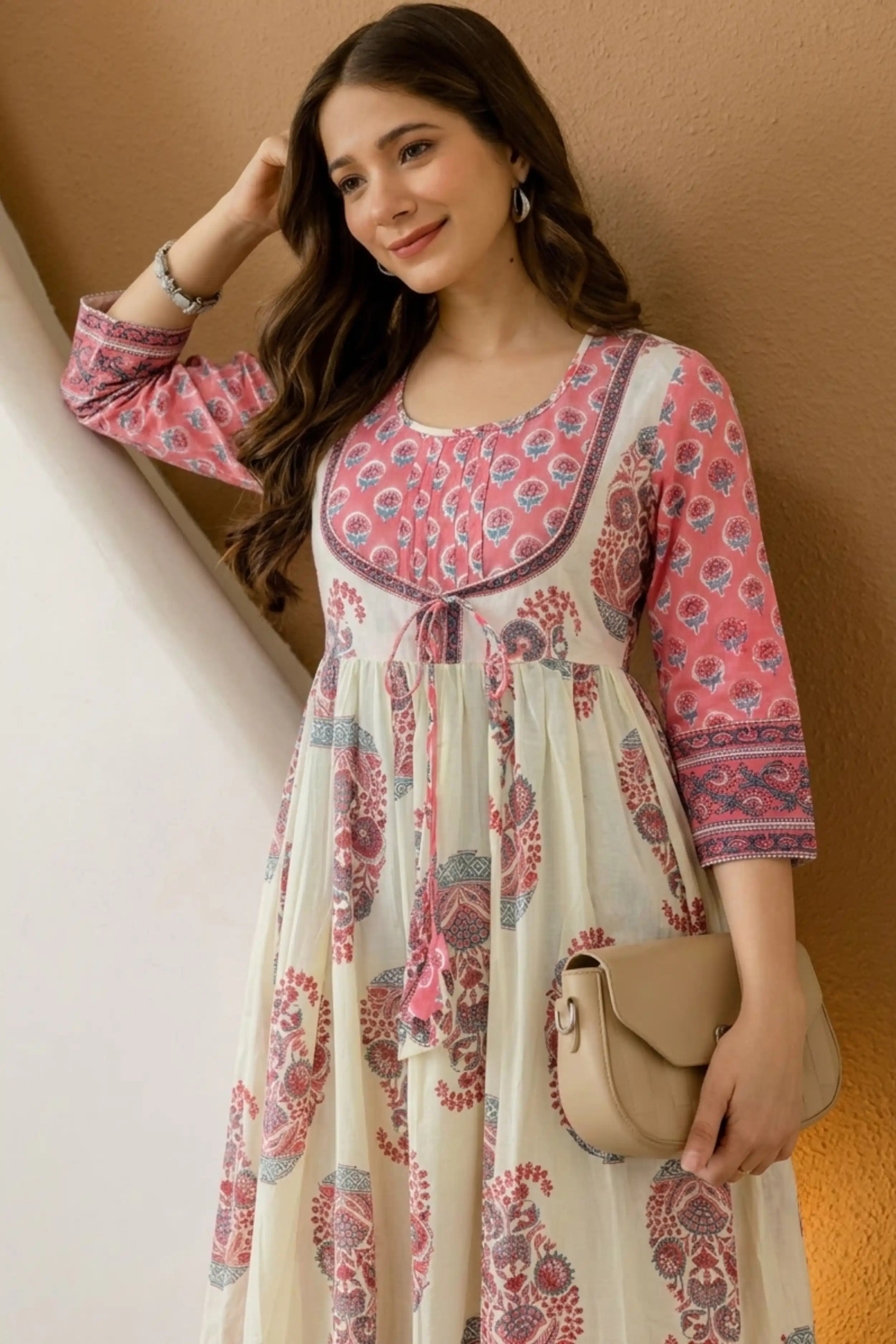 Peach Hand Block Floral Printed Anarkali Maxi Dress