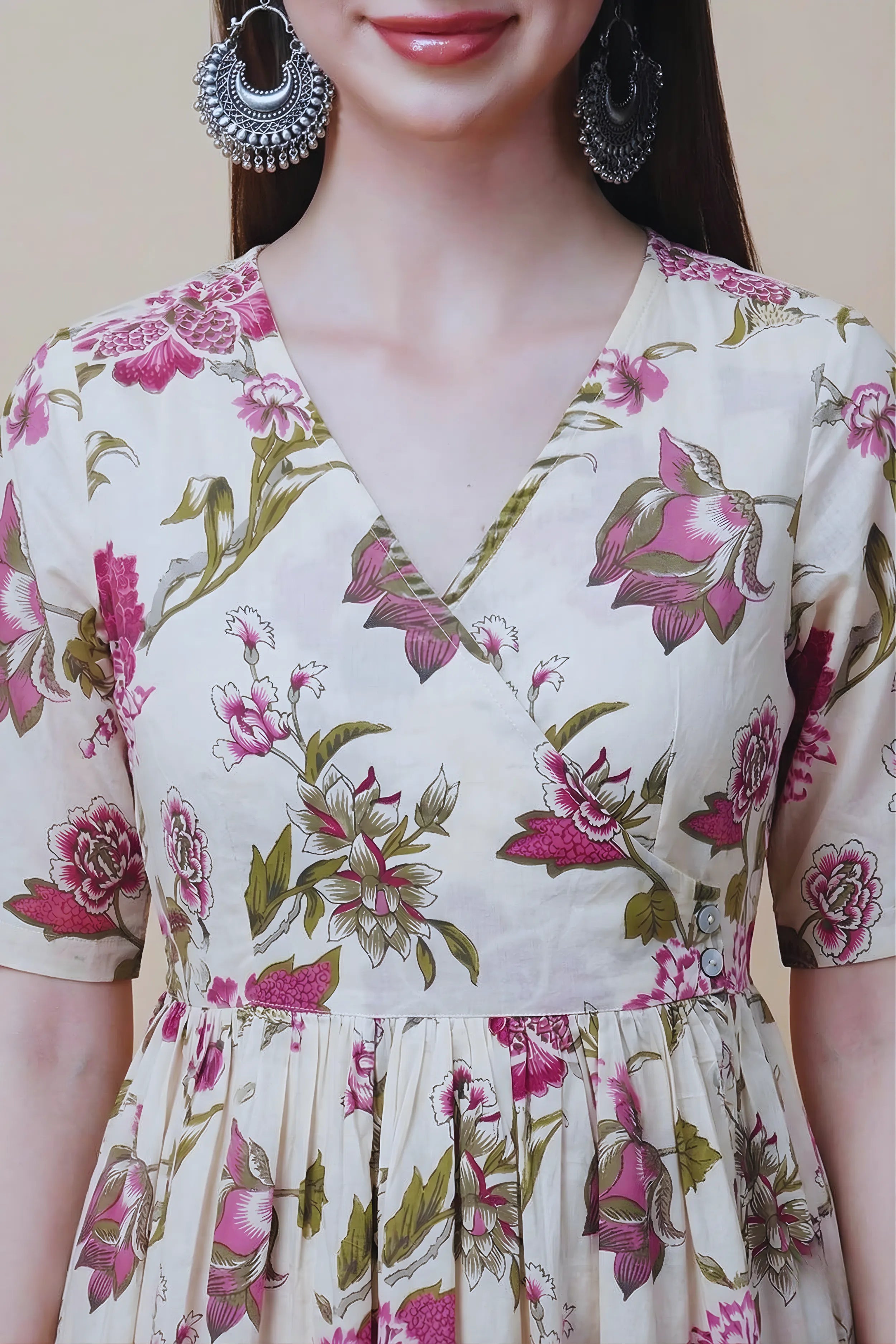 Pink Hand Printed V-Neck Midi Dress In Angrakha style
