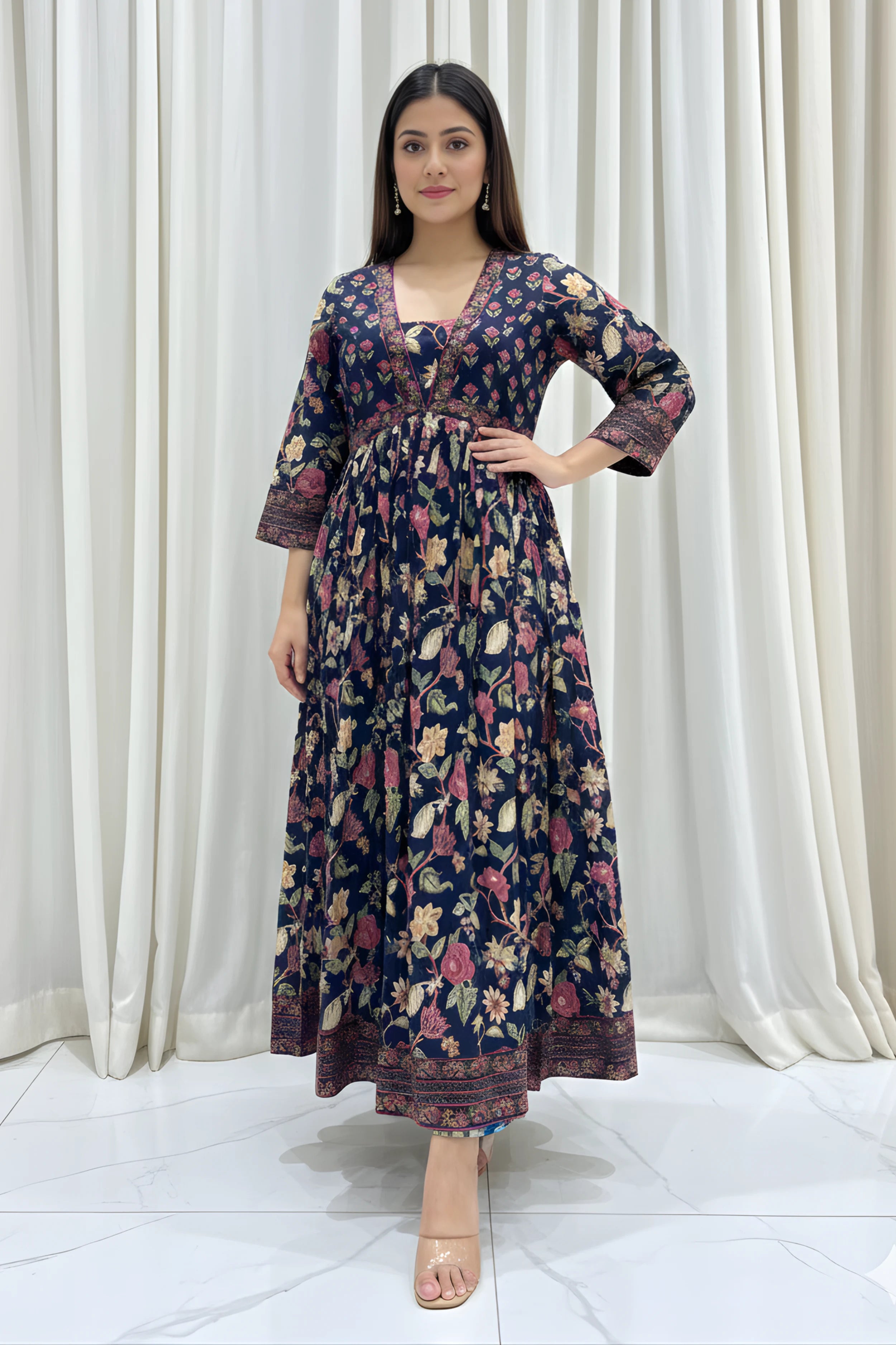 Blue Flared Anarkali Cotton Kurta with Floral Print