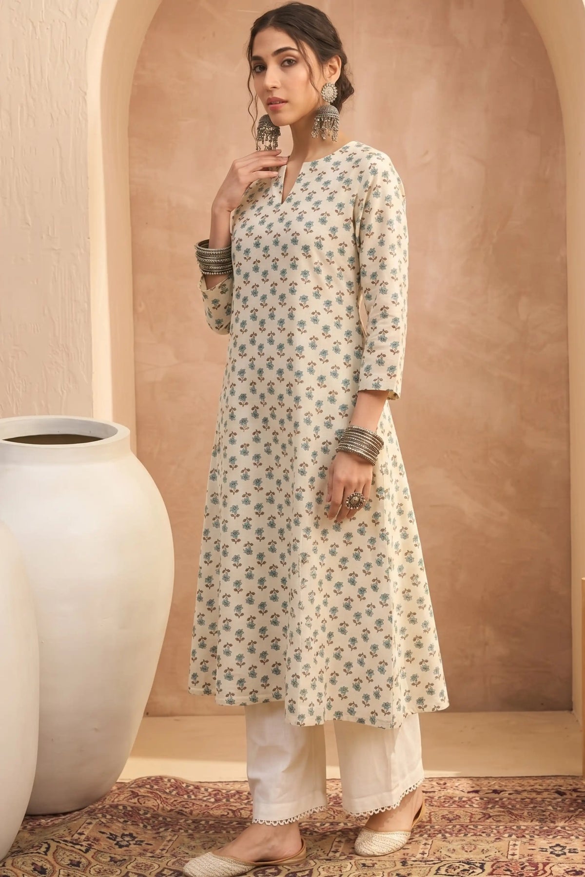 Cream Green A line kurta With Pocket